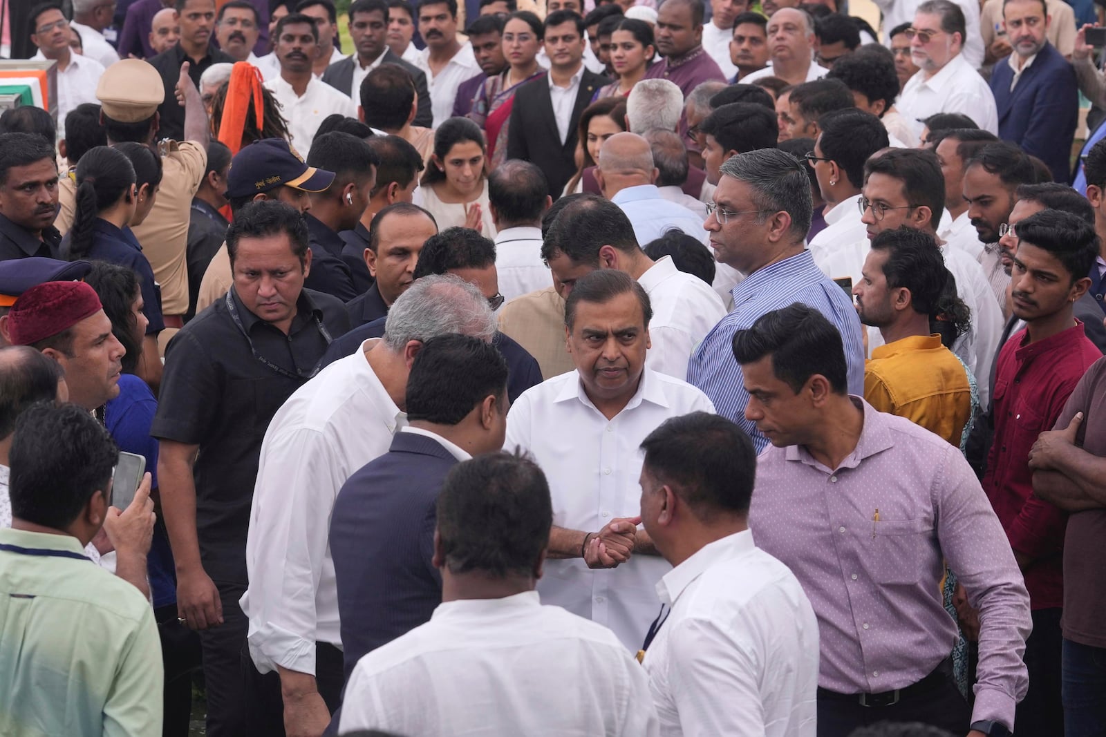 Indian industrialist Mukesh Ambani arrives to offer his tributes to Indian business leader Ratan Tata who died on Wednesday night, in Mumbai, India, Thursday, Oct. 10, 2024. (AP Photo /Rafiq Maqbool)