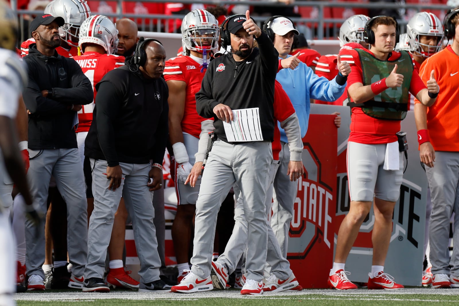 Ohio State head coach Ryan Day signals to his players against Purdue during the second half of an NCAA college football game Saturday, Nov. 9, 2024, in Columbus, Ohio. (AP Photo/Jay LaPrete)