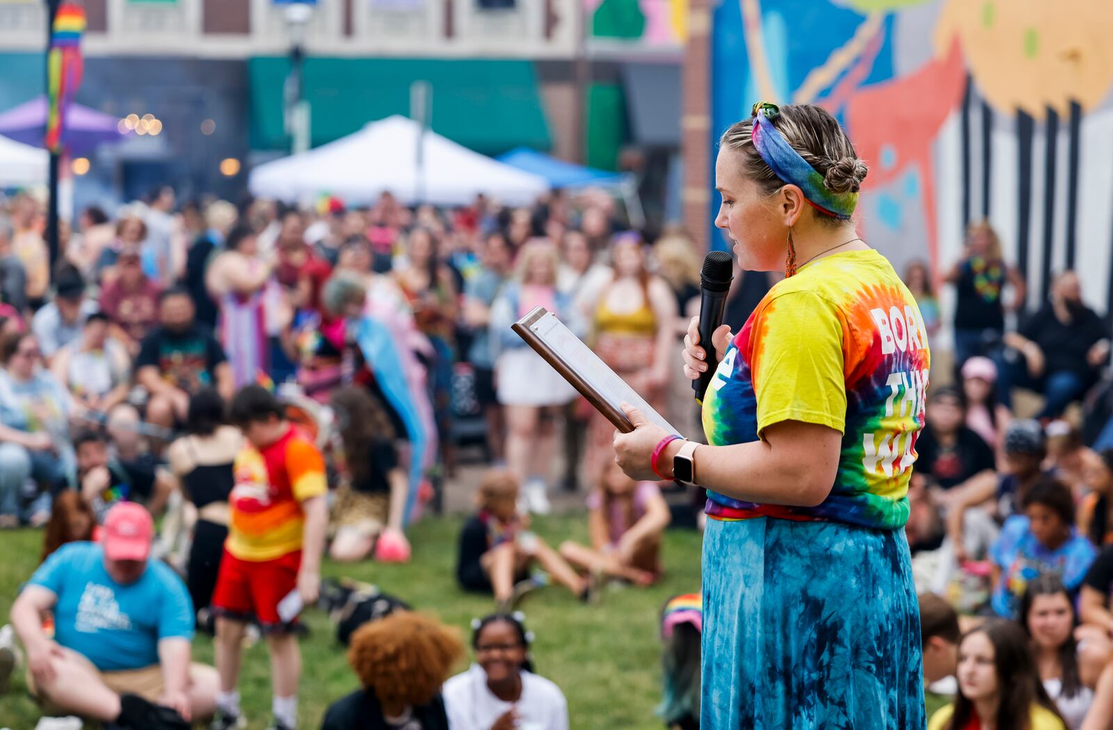 Middletown vice mayor Monica Nenni reads a proclamation from the city during the 5th annual Middletown Pride celebration held in downtown Middletown Friday, June 23 2023. NICK GRAHAM/STAFF