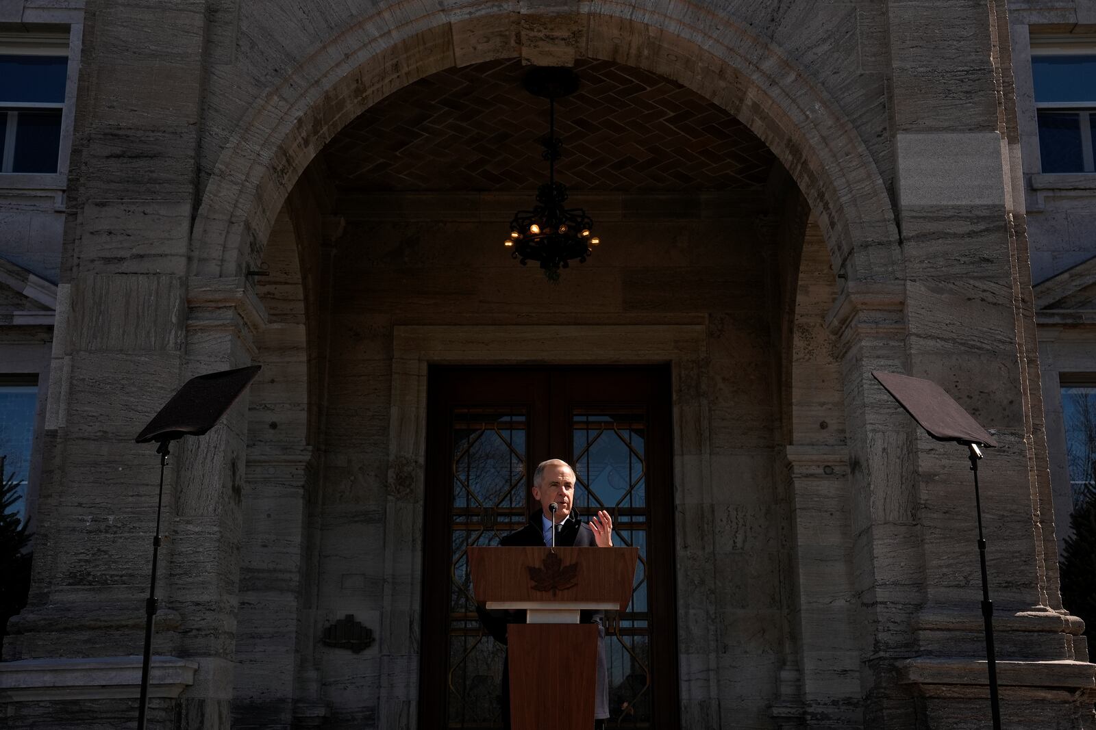 Prime Minister Mark Carney speaks to media at Rideau Hall, where he asked the Governor General to dissolve Parliament and call an election, in Ottawa, Sunday, March 23, 2025. (Adrian Wyld /The Canadian Press via AP)