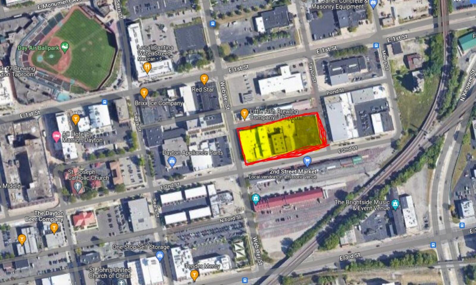 A map showing the planned site of a new, 102-unit apartment building, near the 2nd Street Market and Little Fish Brewing Co. in the Webster Station neighborhood in Dayton. CONTRIBUTED