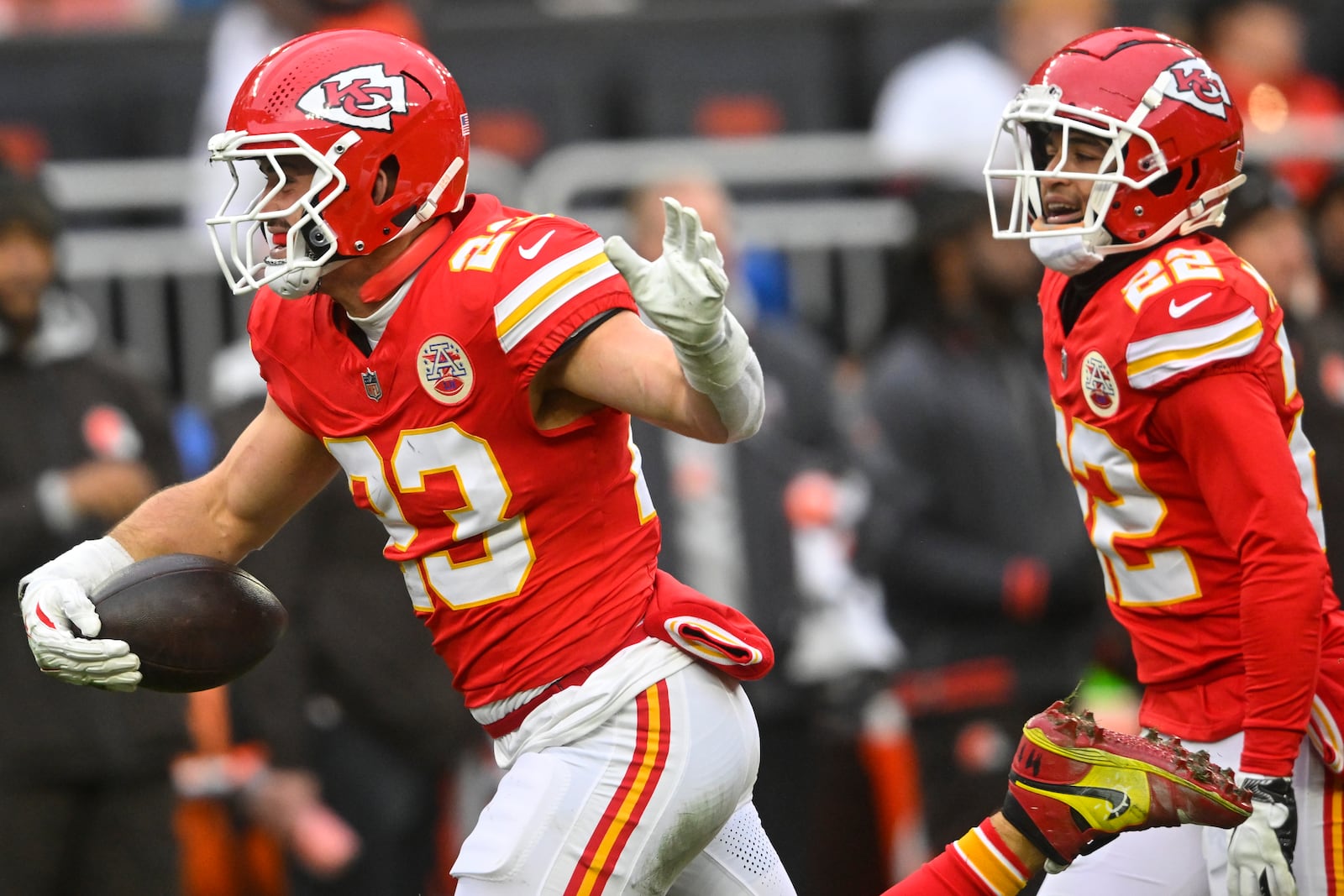 Kansas City Chiefs linebacker Drue Tranquill (23) celebrates his fumble recovery against the Cleveland Browns during the second half of an NFL football game, Sunday, Dec. 15, 2024, in Cleveland. (AP Photo/David Richard)