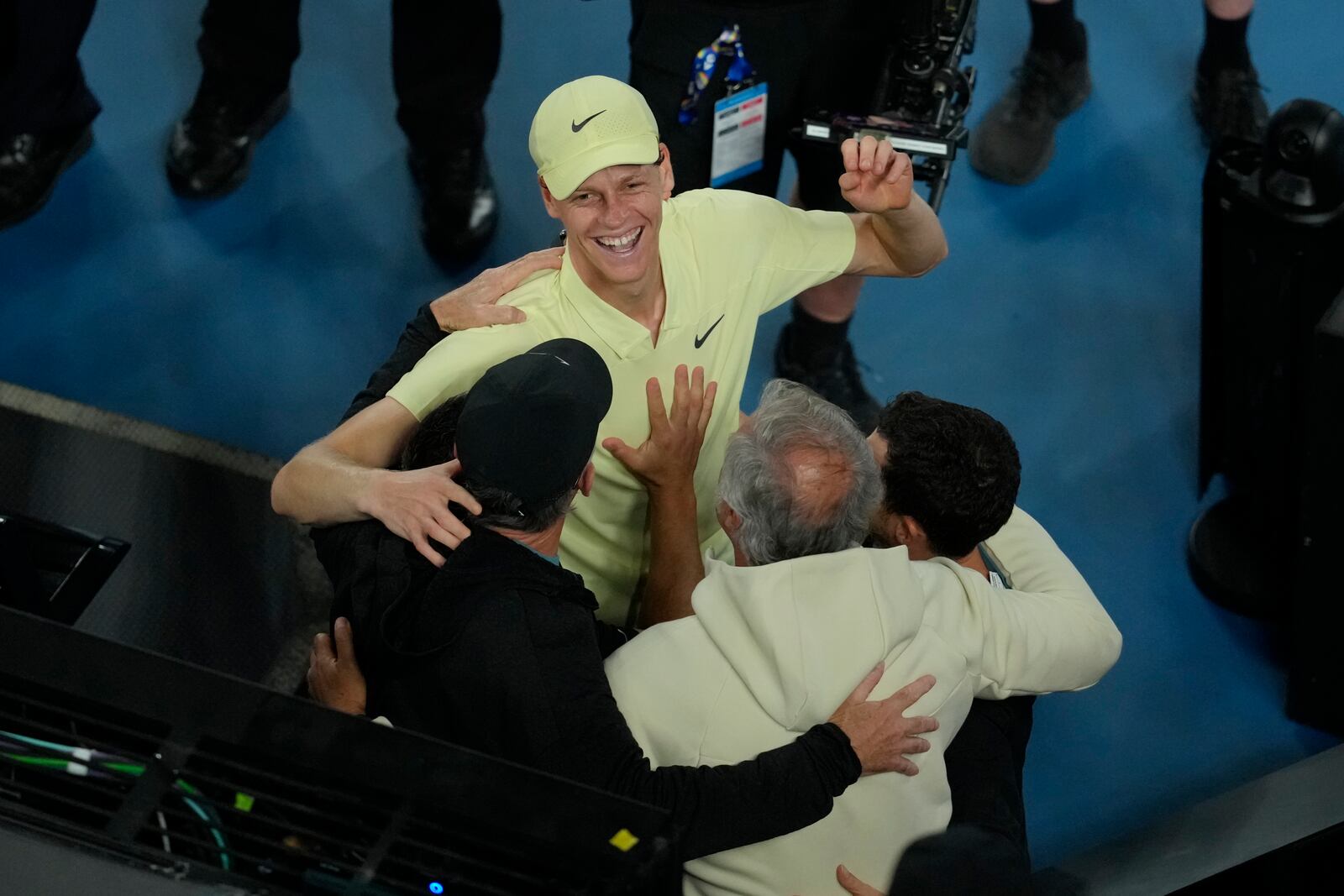 Jannik Sinner of Italy celebrates after defeating Alexander Zverev of Germany in the men's singles final at the Australian Open tennis championship in Melbourne, Australia, Sunday, Jan. 26, 2025. (AP Photo/Manish Swarup)