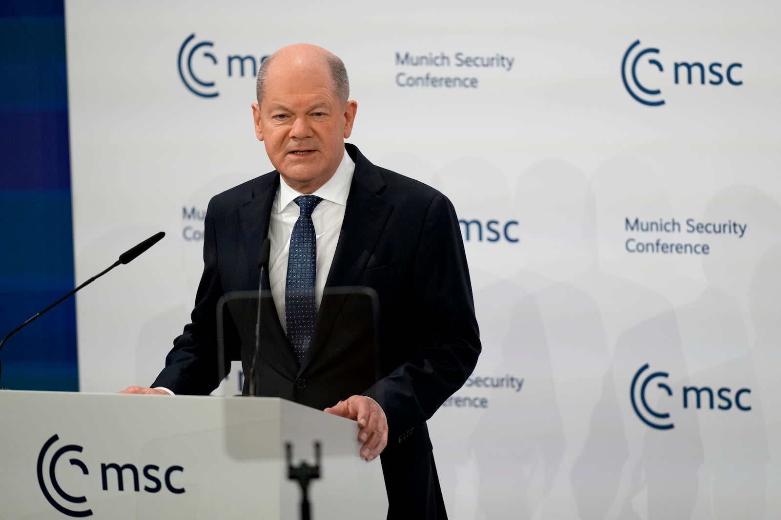 Germany's Chancellor Olaf Scholz speaks during the Munich Security Conference at the Bayerischer Hof Hotel in Munich, Germany, Saturday, Feb. 15, 2025. (AP Photo/Matthias Schrader)