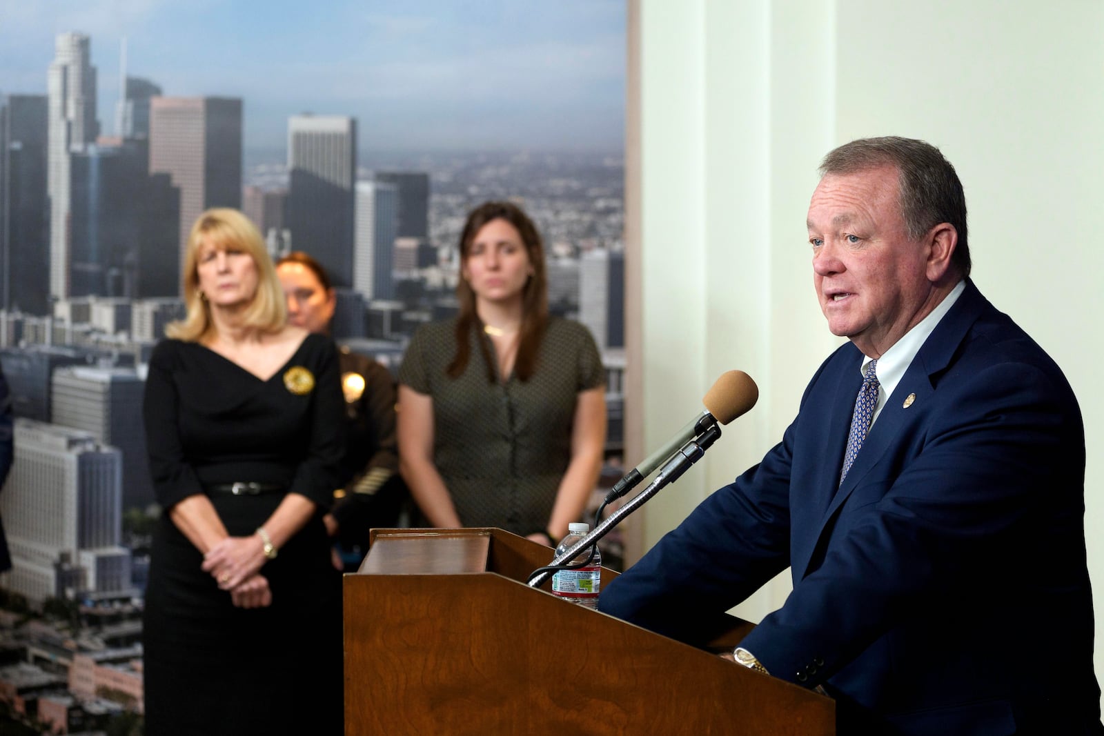 Newly sworn-in Chief of Police James McDonnell takes questions from the media after Los Angeles City Council confirmed him as the city's new police chief at a Council's public safety committee meeting on Friday, Nov. 8, 2024, in Los Angeles. (AP Photo/Damian Dovarganes)