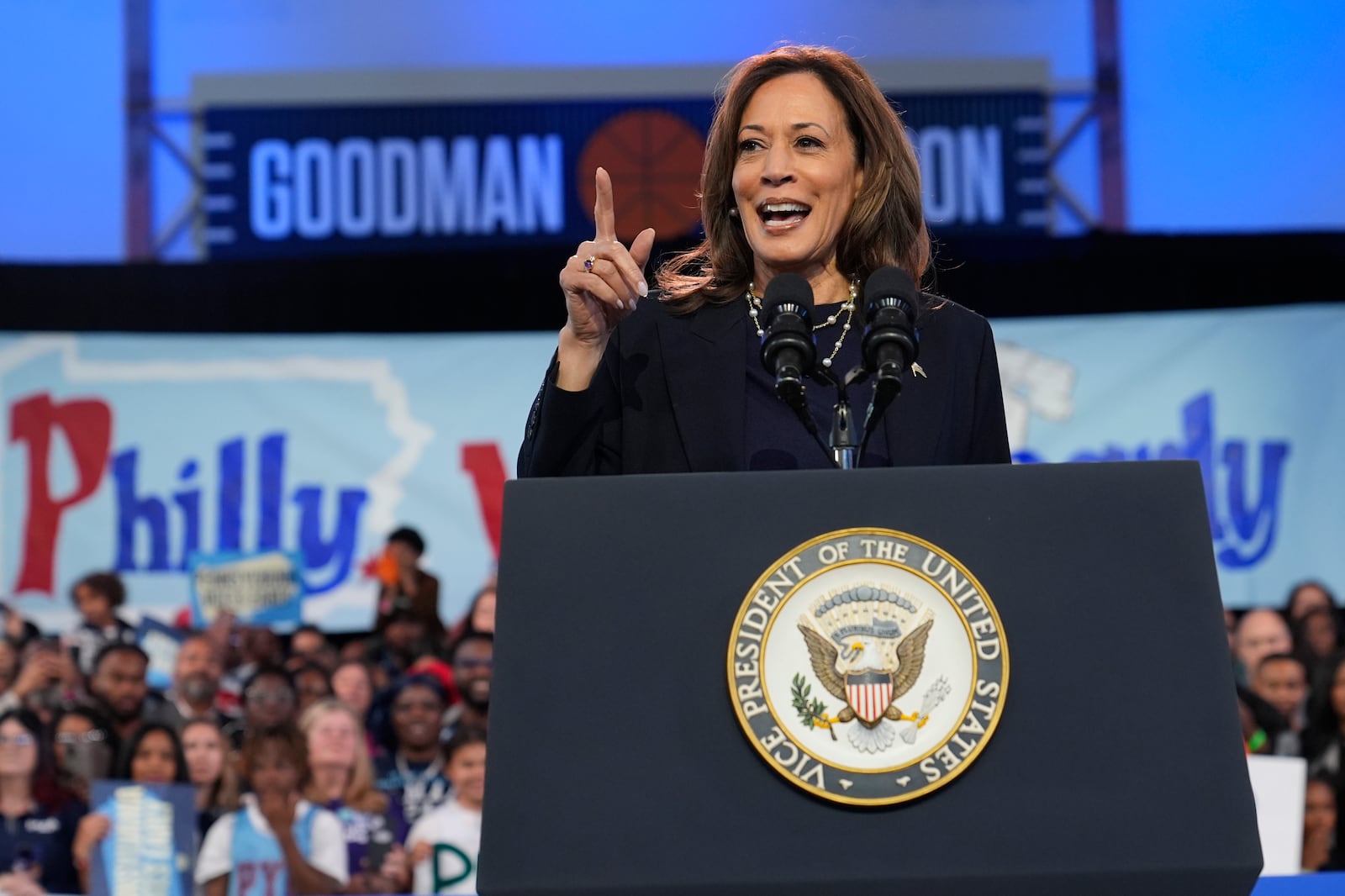 Democratic presidential nominee Vice President Kamala Harris speaks during a community rally at the Alan Horwitz "Sixth Man" Center, Sunday, Oct. 27, 2024, in Philadelphia. (AP Photo/Susan Walsh)