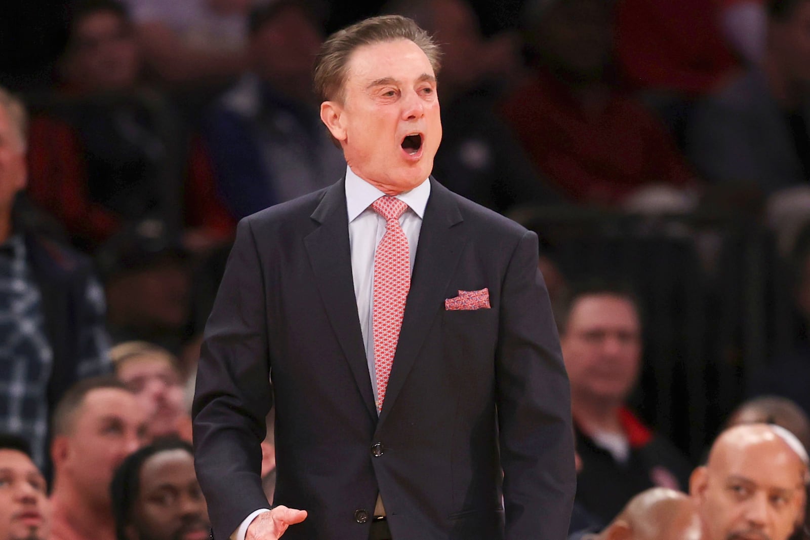 St. John's head coach Rick Pitino yells during the first half of an NCAA college basketball game against Butler in the quarterfinals of the Big East Conference tournament, Thursday, March 13, 2025, in New York. (AP Photo/Pamela Smith)