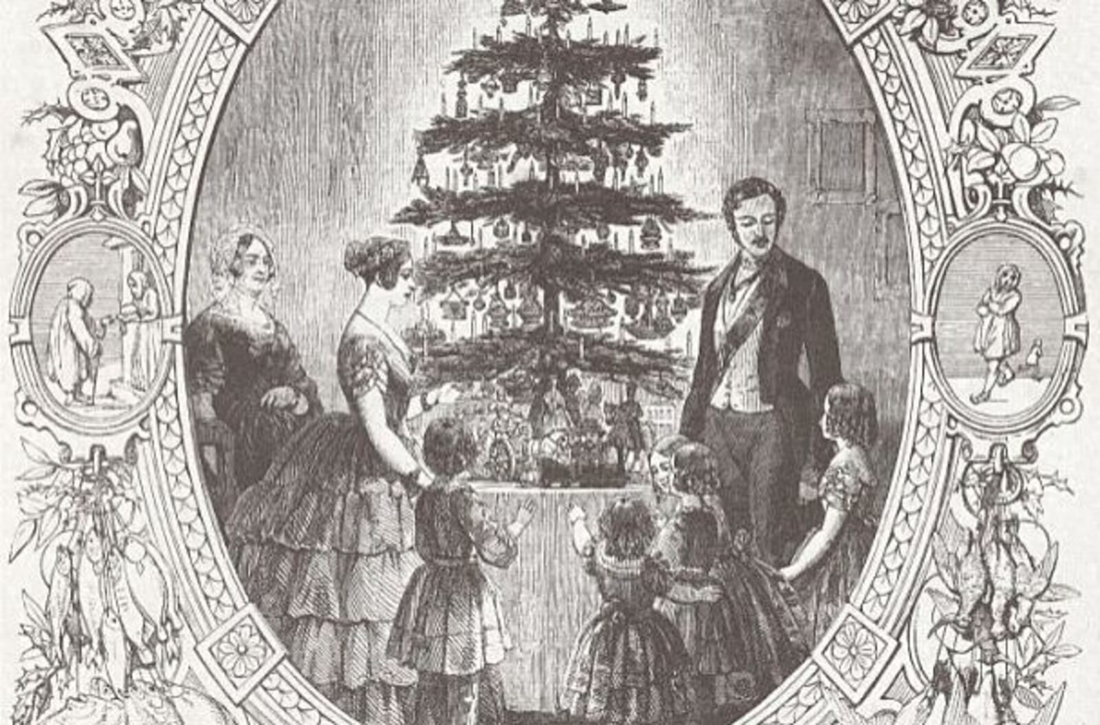 Prince Albert is credited with introducing the Christmas Tree in Victorian England in the 1840s, replicating the tradition from his German childhood. This illustration from the time shows him and Queen Victoria with their family Christmas tree.