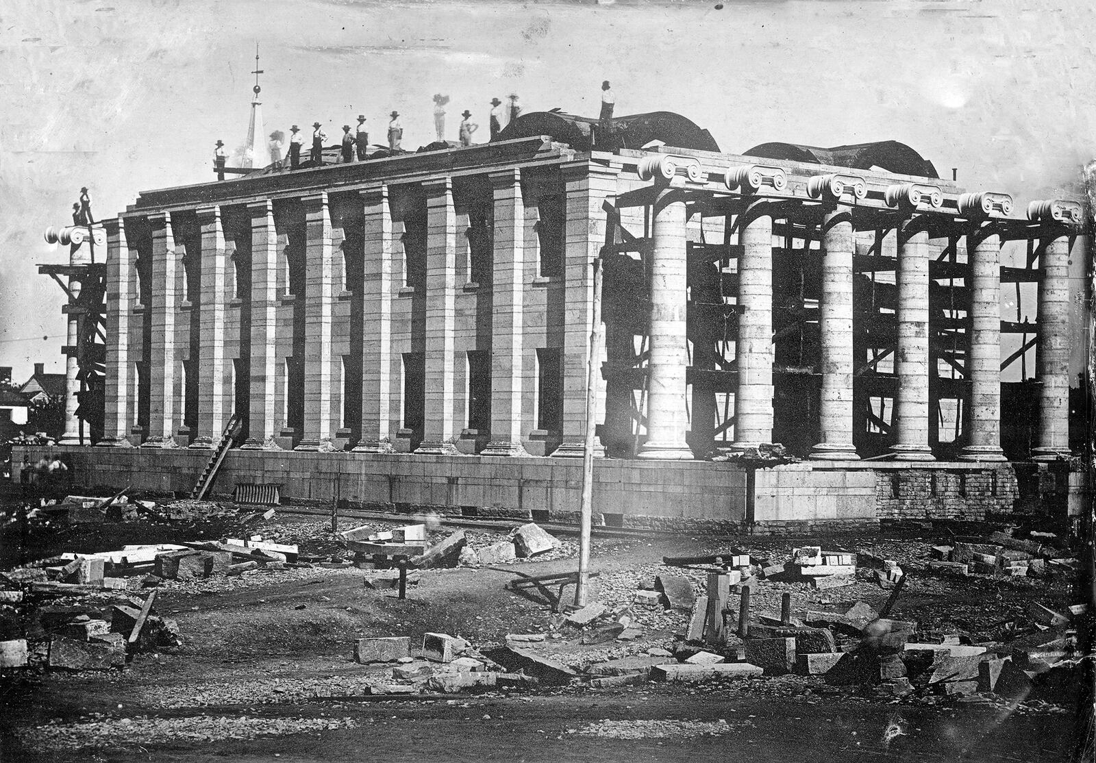 This photograph documents Dayton's  Old Court House under construction.  The foundation was laid in 1847 and the building was completed in 1850. When completed it was considered the most elegant and costly building in the state. DAYTON METRO LIBRARY/ LUTZENBERGER PICTURE COLLECTION