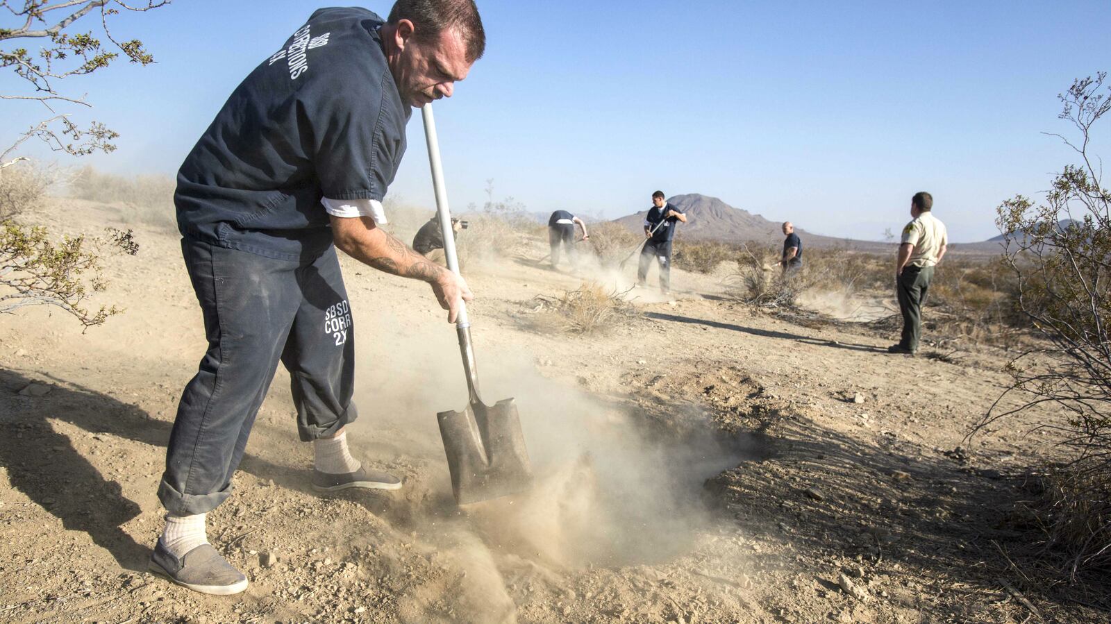 Workers fill in the shallow graves where the bodies of Joseph McStay, 40, Summer McStay, 43, and their two sons, Gianni McStay, 4, and Joseph McStay Jr., 3, were found in November 2013, more than three years after they vanished from their Fallbrook, Calif., home.