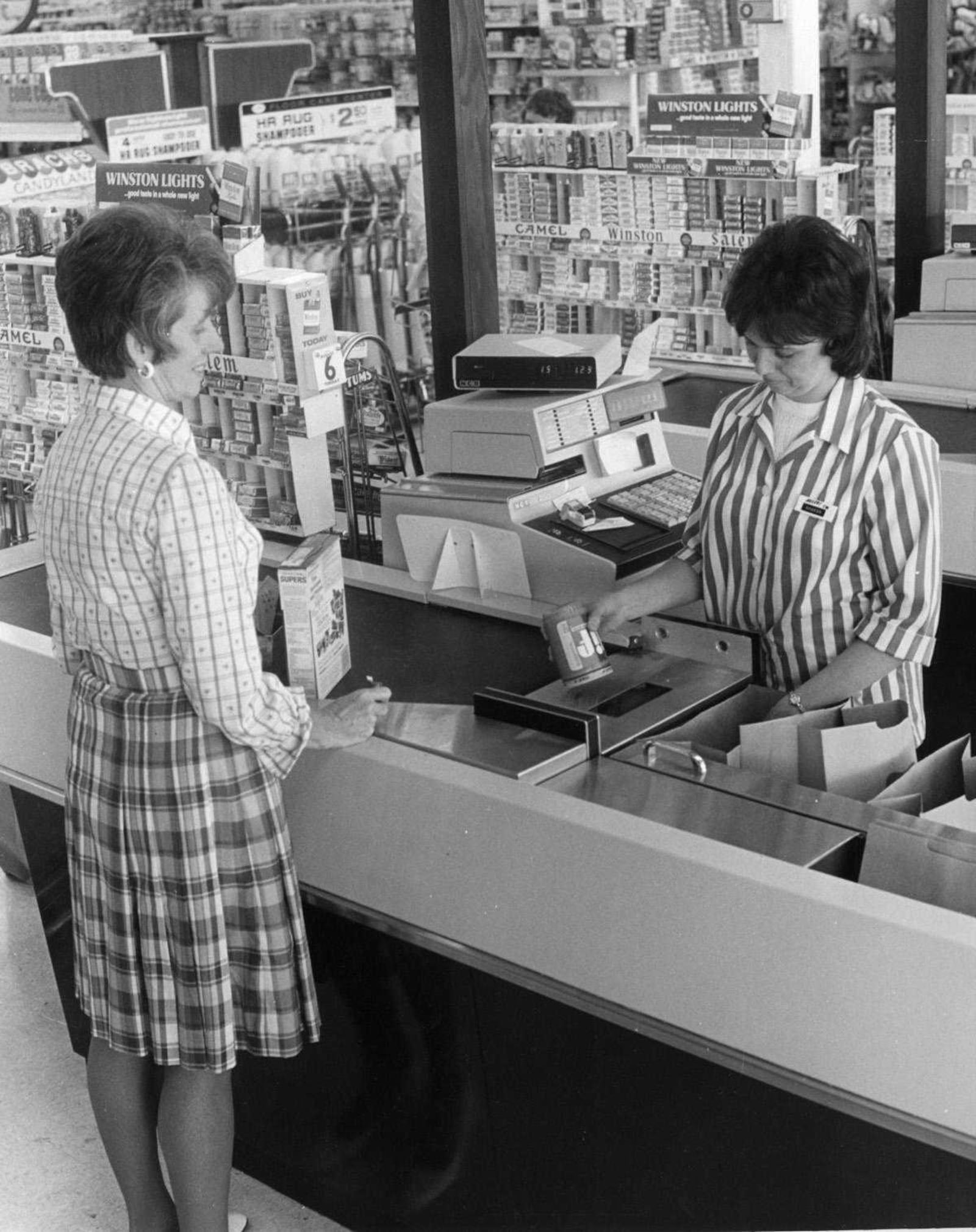 The world's first bar code scanner is shown in operation at a Marsh grocery store in Troy in 1974. It was made by NCR Corp. in Dayton. (Note: This is the first scanner, but not the historic first item ever scanned. That was a 10-pack of gum on July 26, 1974.) Source: NCR Archives