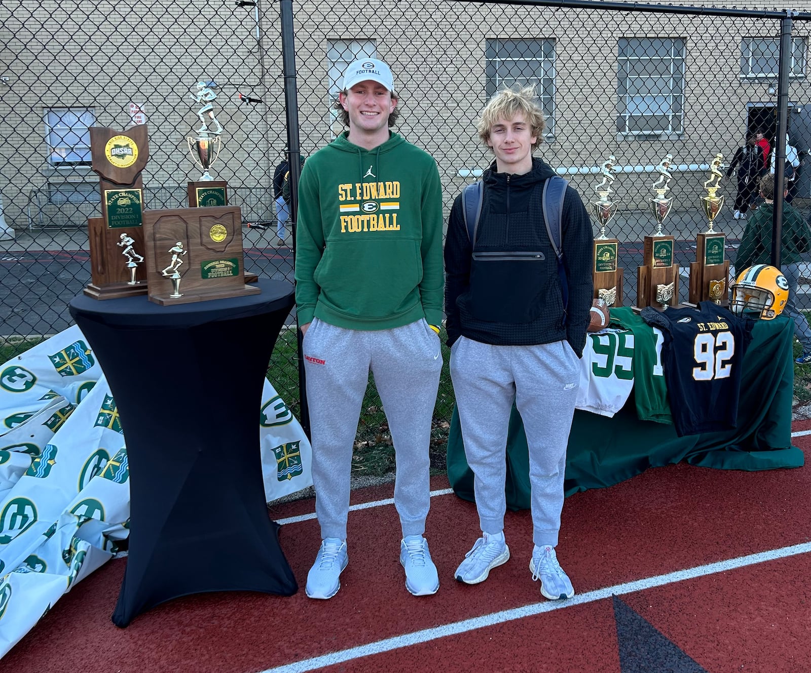 The Lavelle Brothers – Ben (left) and Will — and some of the hardware they’ve won as Lakewood St. Edward kickers. Between them their teams have won three state titles CONTRIBUTED