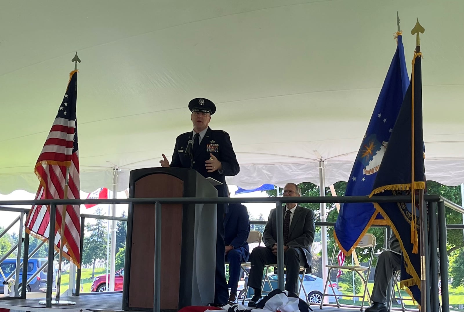 Col Patrick G. Miller speaks at the Dayton National Cemetery's 2022 Memorial Day ceremony. STAFF