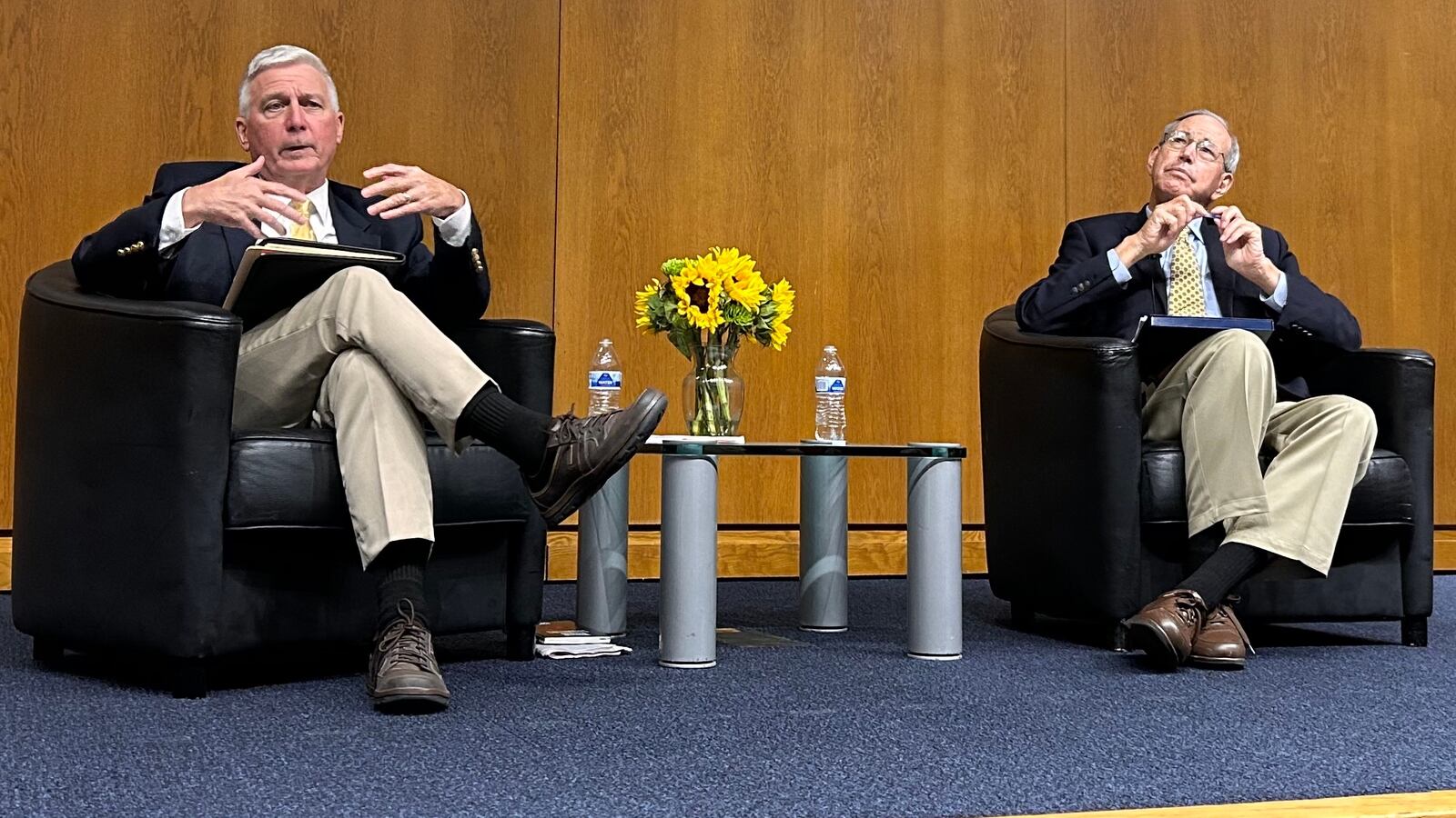 Former Ohio Gov. Bob Taft (right) and former state Rep. Mike Curtin (left) participate in a June forum hosted by the Dayton League of Women Voters centered on the Aug. 8 special election for Issue 1. AVERY KREEMER/STAFF