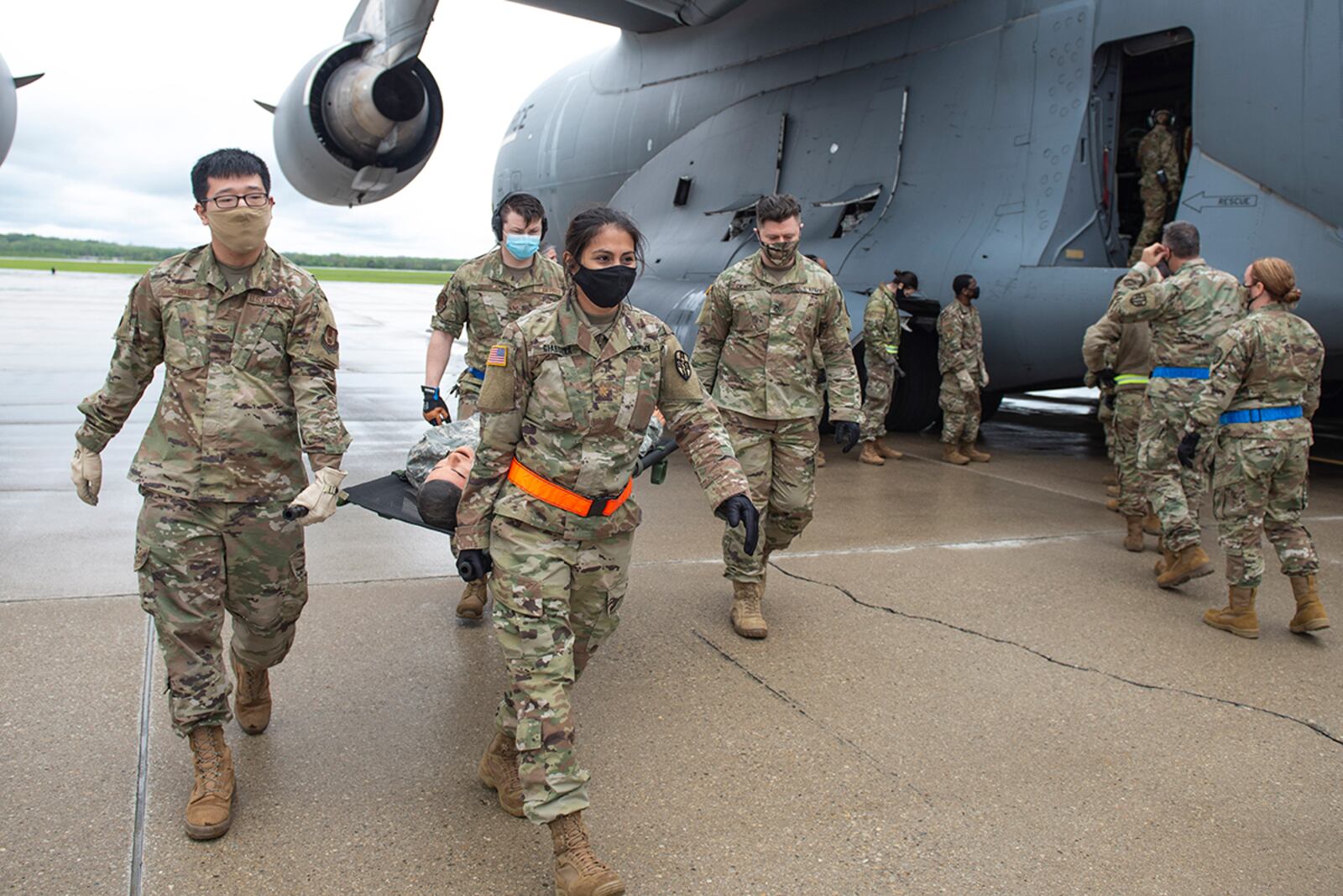 Throughout the Ultimate Caduceus 21 field training exercise at Wright-Patterson Air Force Base April 29, crews faced a variety of events, simulating the process of bringing injured troops from overseas, triaging them here at Wright-Patt and then moving them to longer-term and advanced care centers known as Federal Coordinating Centers. U.S. AIR FORCE PHOTO/WESLEY FARNSWORTH