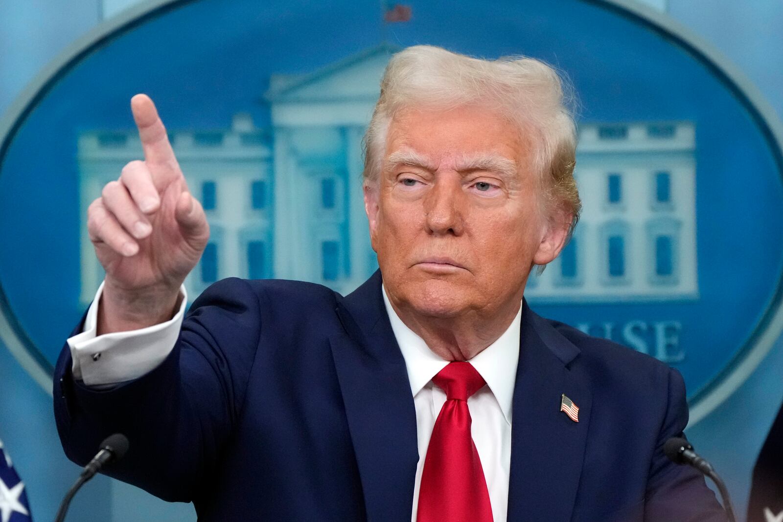 President Donald Trump calls on a reporter to ask a question in the James Brady Press Briefing Room at the White House, Thursday, Jan. 30, 2025, in Washington. (AP Photo/Alex Brandon)