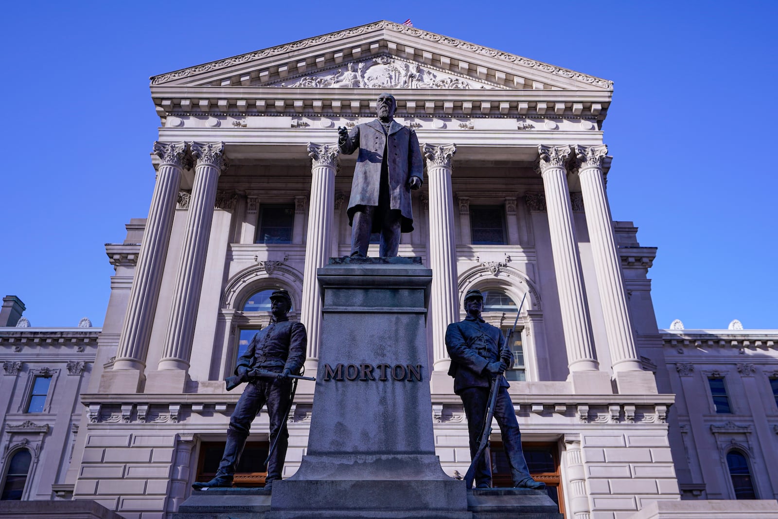 FILE - A view of the Oliver P. Morton memorial on the east side of the Statehouse in Indianapolis, Jan. 15, 2021. (AP Photo/Michael Conroy, File)