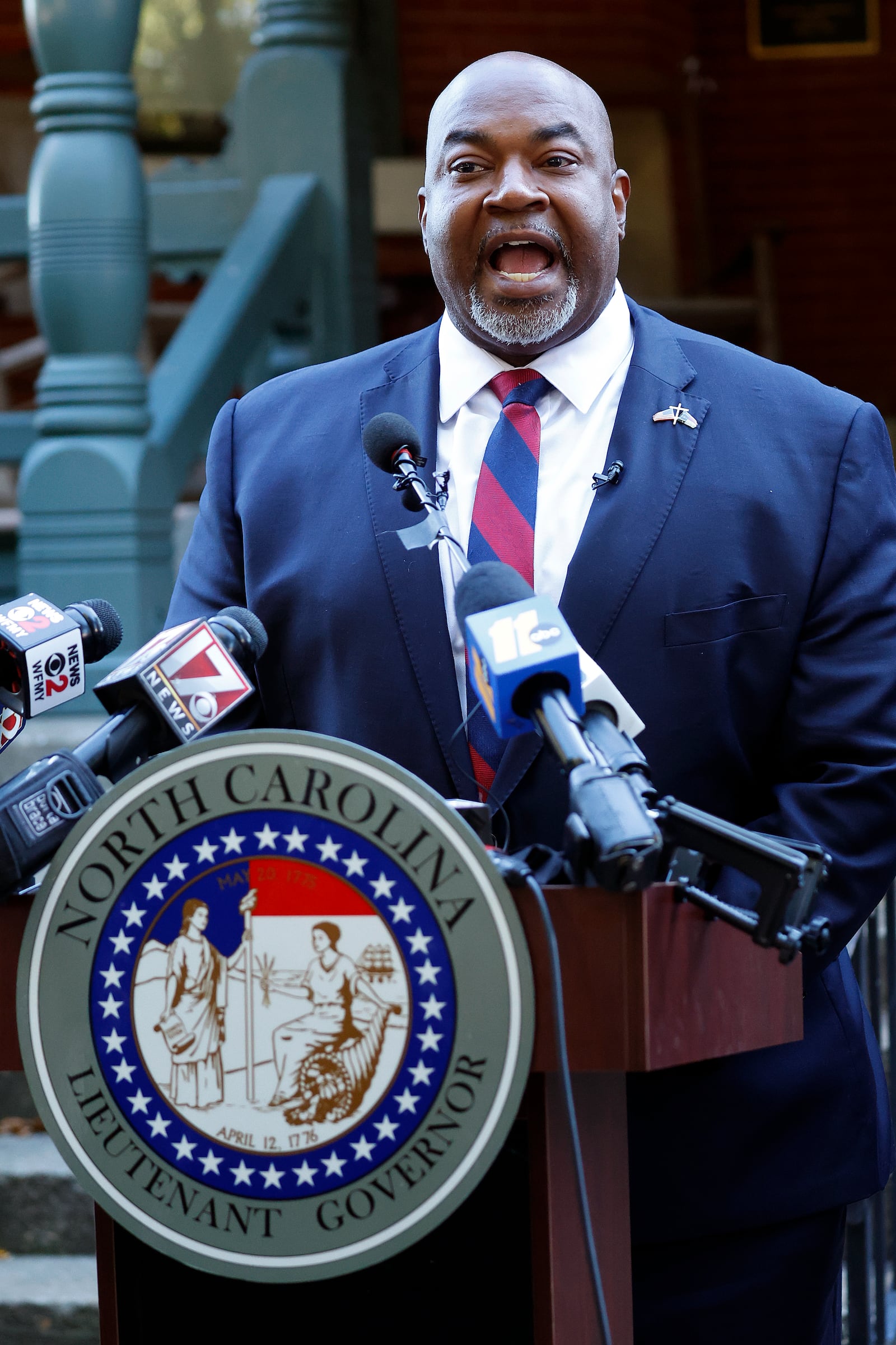 North Carolina Lt. Gov. Mark Robinson speaks at a news conference in Raleigh, N.C., Tuesday, Oct. 15, 2024. (AP Photo/Karl B DeBlaker)