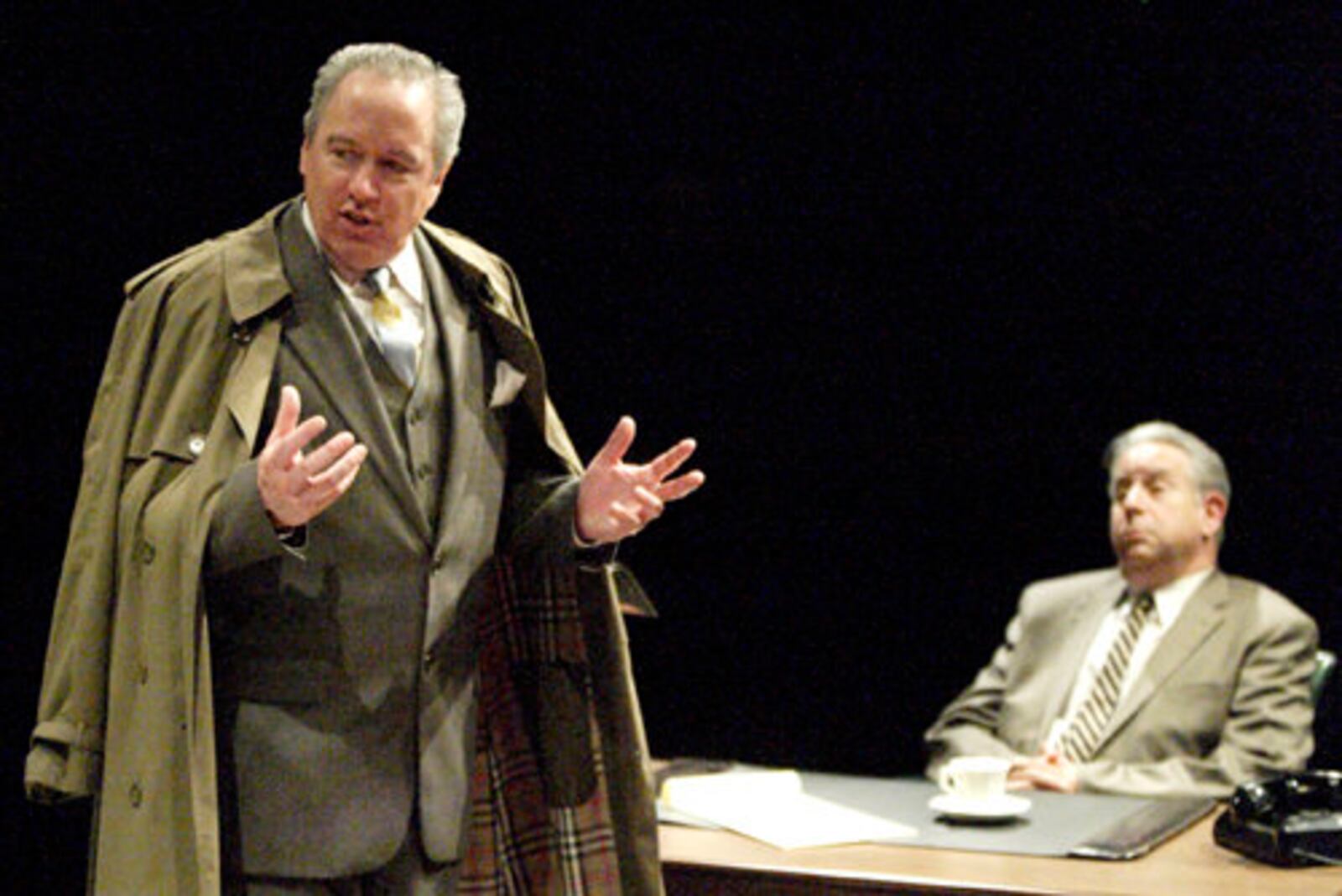 David Shough (left as Boyd Bendix) with Saul Caplan during a dress rehearsal of "A Case of Libel" at the Dayton Theatre Guild in Dayton, Wednesday, May 19, 2010. PHOTO BY PETER WINE