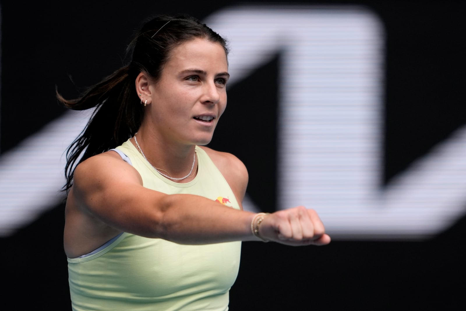 Emma Navarro of the U.S. celebrates after defeating Wang Xiyu of China during their second round match at the Australian Open tennis championship in Melbourne, Australia, Thursday, Jan. 16, 2025. (AP Photo/Ng Han Guan)