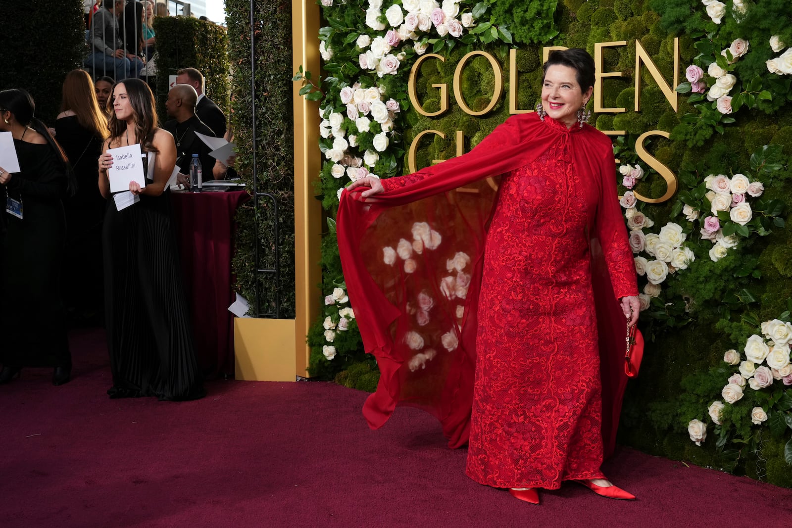 Isabella Rossellini arrives at the 82nd Golden Globes on Sunday, Jan. 5, 2025, at the Beverly Hilton in Beverly Hills, Calif. (Photo by Jordan Strauss/Invision/AP)