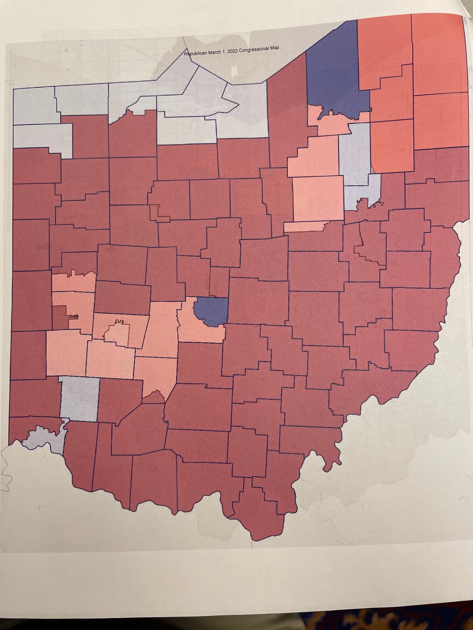 Republican-leaning districts are shaded red, Democratic-leaning districts blue in the U.S. House district map proposed by Republicans on March 1, 2022.