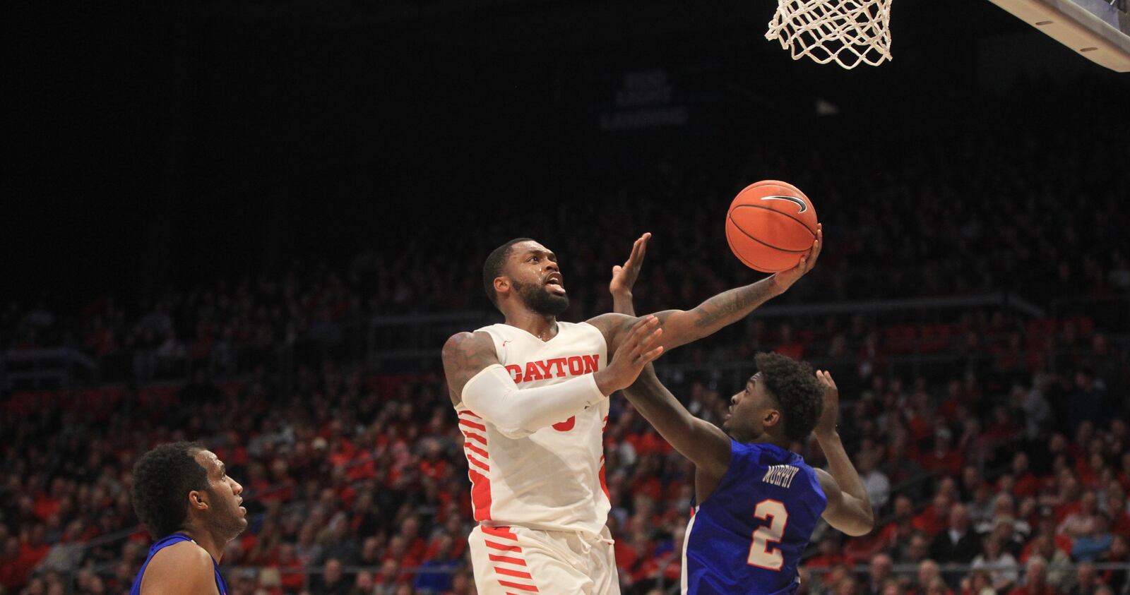 Dayton’s Trey Landers scores against Houston Baptist on Tuesday, Dec. 3, 2019, at UD Arena.