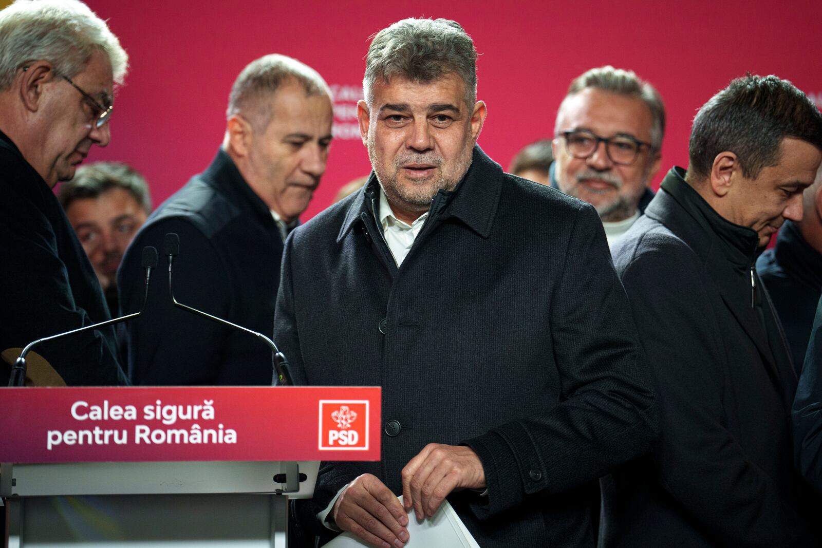 Romanian Prime Minister Marcel Ciolacu, the Social Democratic Party or PSD candidate in the country's presidential elections, leaves after waching exit polls after voting ended, in Bucharest, Romania, Sunday, Nov. 24, 2024. (AP Photo/Vadim Ghirda)