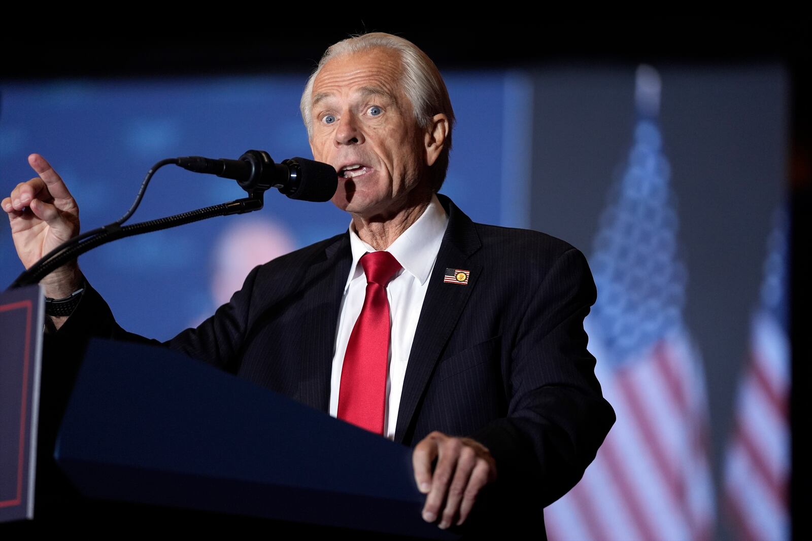 FILE - Peter Navarro speaks before Republican presidential nominee former President Donald Trump at a faith event at the Concord Convention Center, Oct. 21, 2024, in Concord, N.C. (AP Photo/Evan Vucci, File)