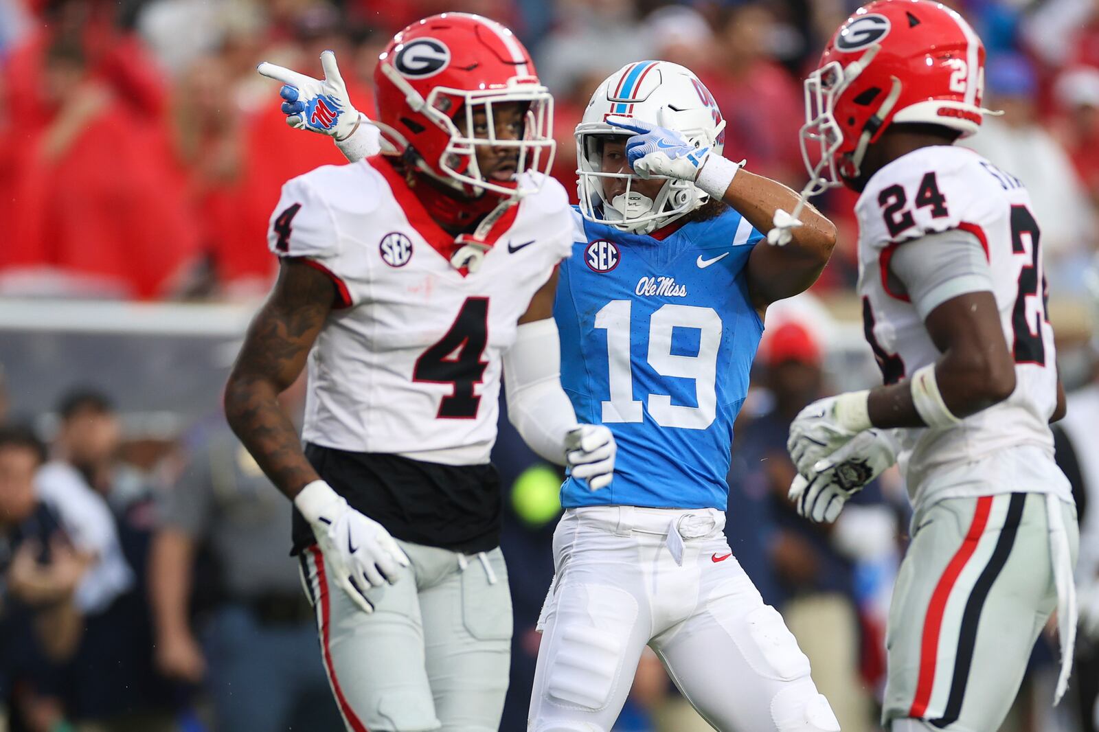 Mississippi wide receiver Cayden Lee (19) reacts during the first half of an NCAA college football game against Georgia on Saturday, Nov. 9, 2024, in Oxford, Miss. (AP Photo/Randy J. Williams)