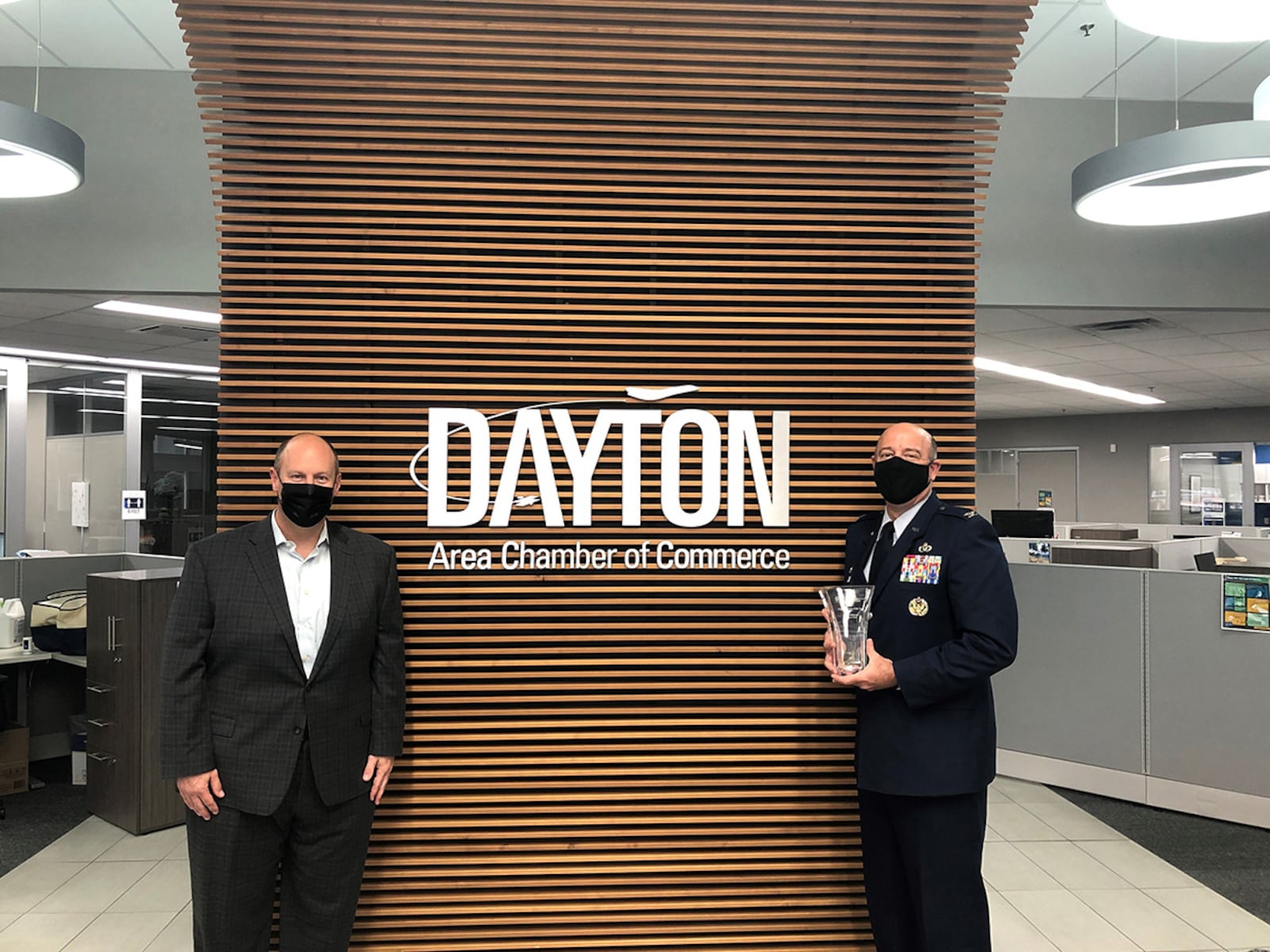 Col. Patrick Miller, 88th Air Base Wing commander, accepts the Program Partner of the Year Award on the installation’s behalf. The award recognizes WPAFB’s commitment to Leadership Dayton and the Dayton Area Chamber of Commerce. CONTRIBUTED PHOTO