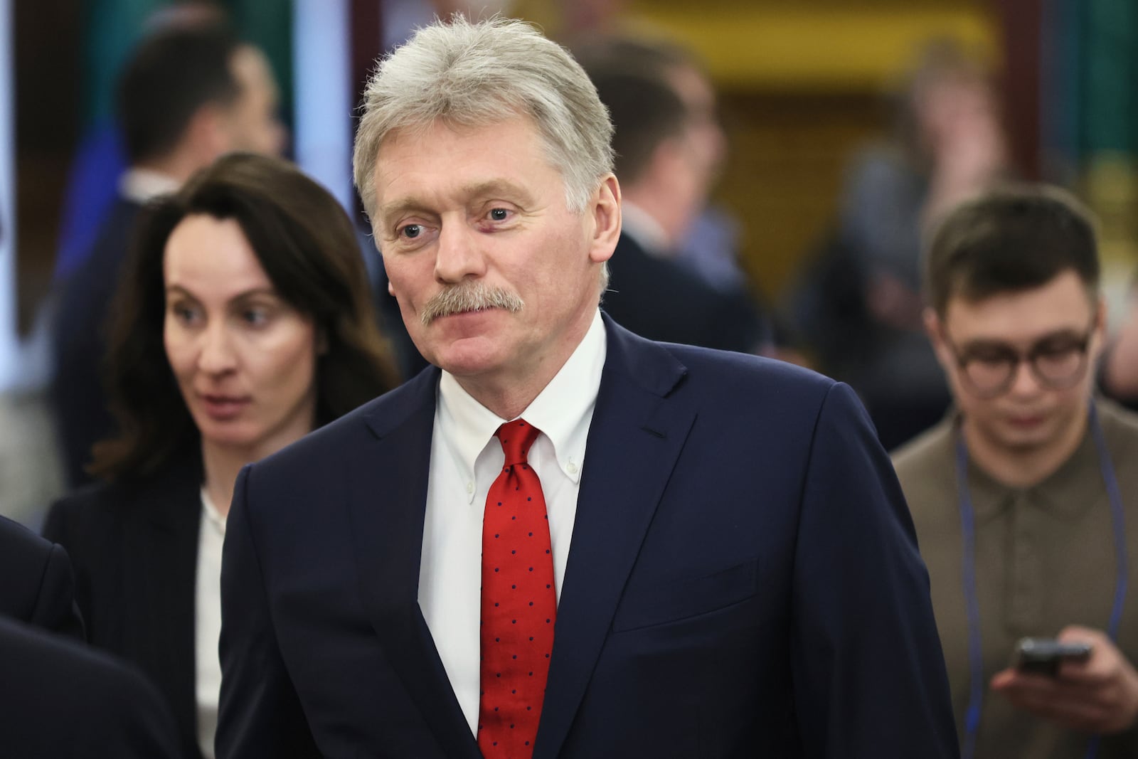 Kremlin spokesman Dmitry Peskov attends a press conference following the meeting of Russian President Vladimir Putin and Tajik President Emomali Rahmon at the Kremlin in Moscow, Russia, Monday, March 17, 2025. (Yury Kochetkov/Pool Photo via AP)