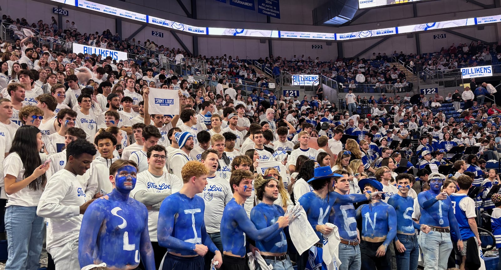 Fans in the Saint Louis student cheer during a game against Dayton on Friday, Jan. 31, 2025, at Chaifetz Arena in St. Louis, Mo.. David Jablonski/Staff