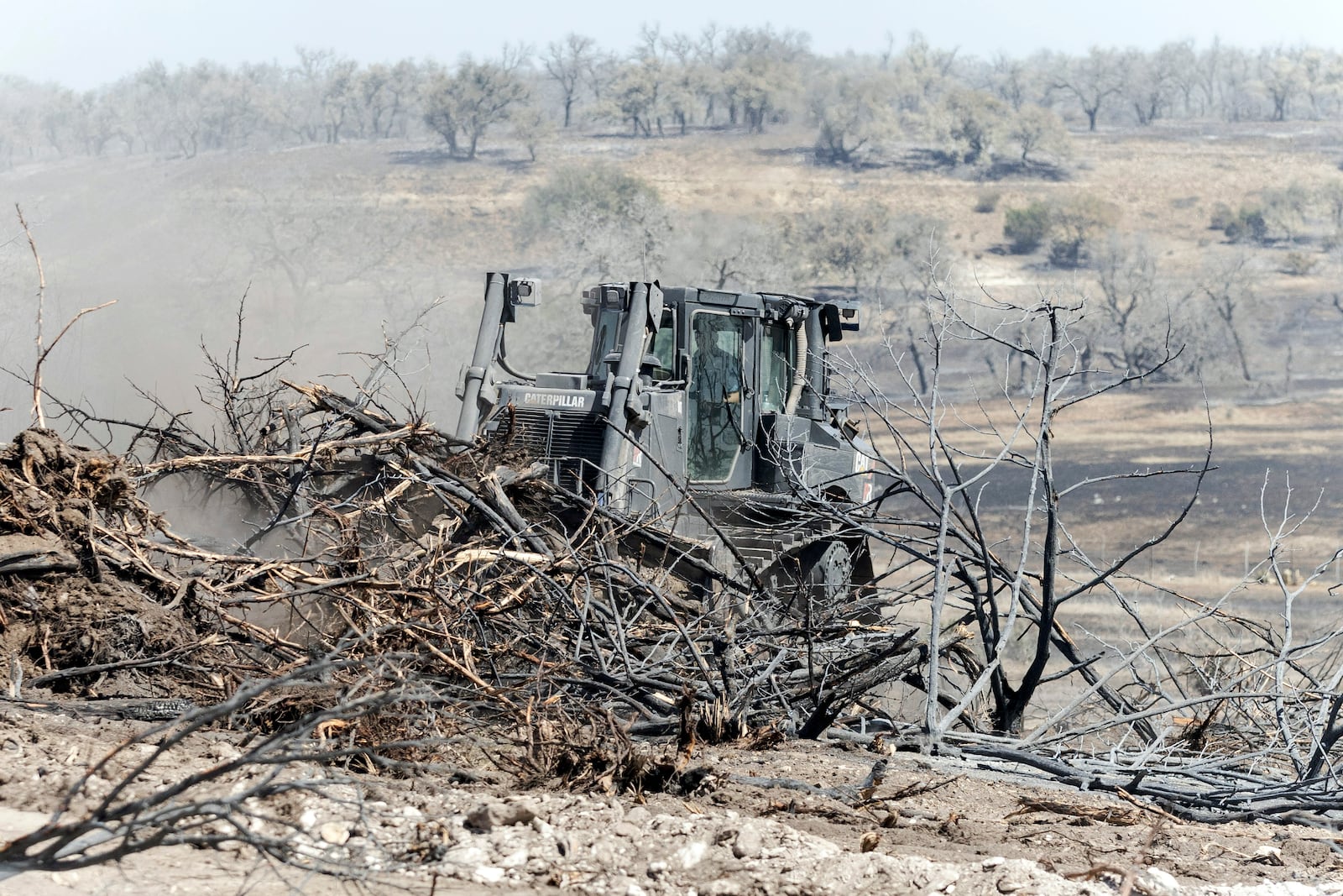 A bulldozer moves charred branches while looking for hotspots in the Crabapple Fire along North State Highway 16 near Fredericksburg, Texas, Monday, March 17, 2025. (Josie Norris/The San Antonio Express-News via AP)