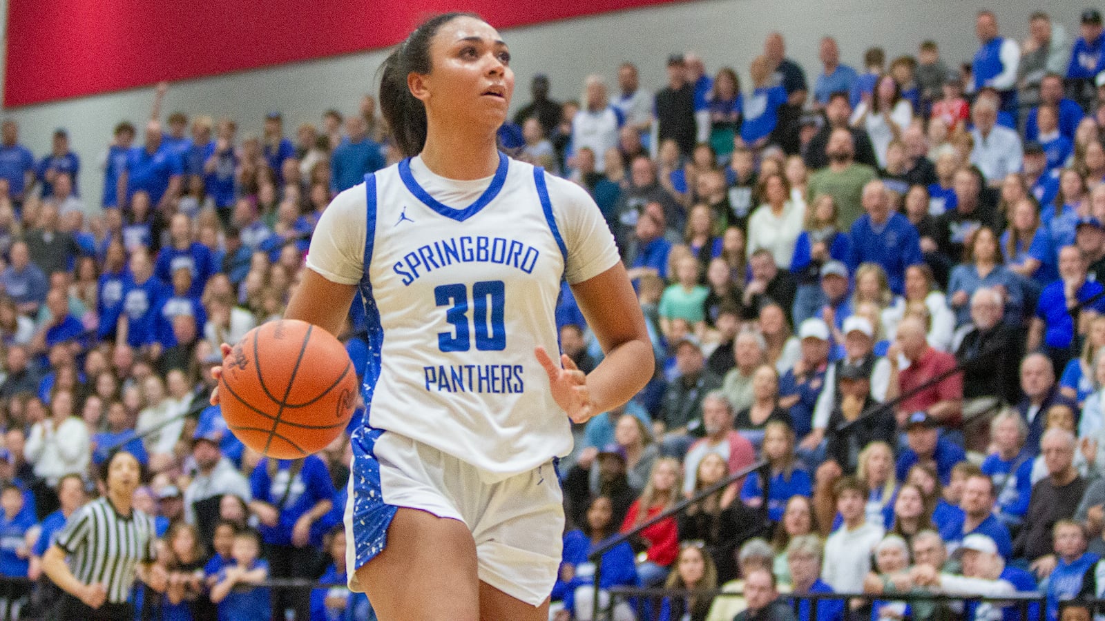 Springboro senior Aniya Trent dribbles in for a breakaway layup late in the third quarter during the early stages of the Panthers' comeback in their state semifinal loss to Cincinnati Princeton on Sunday at Fairfield High School. Jeff Gilbert/CONTRIBUTED