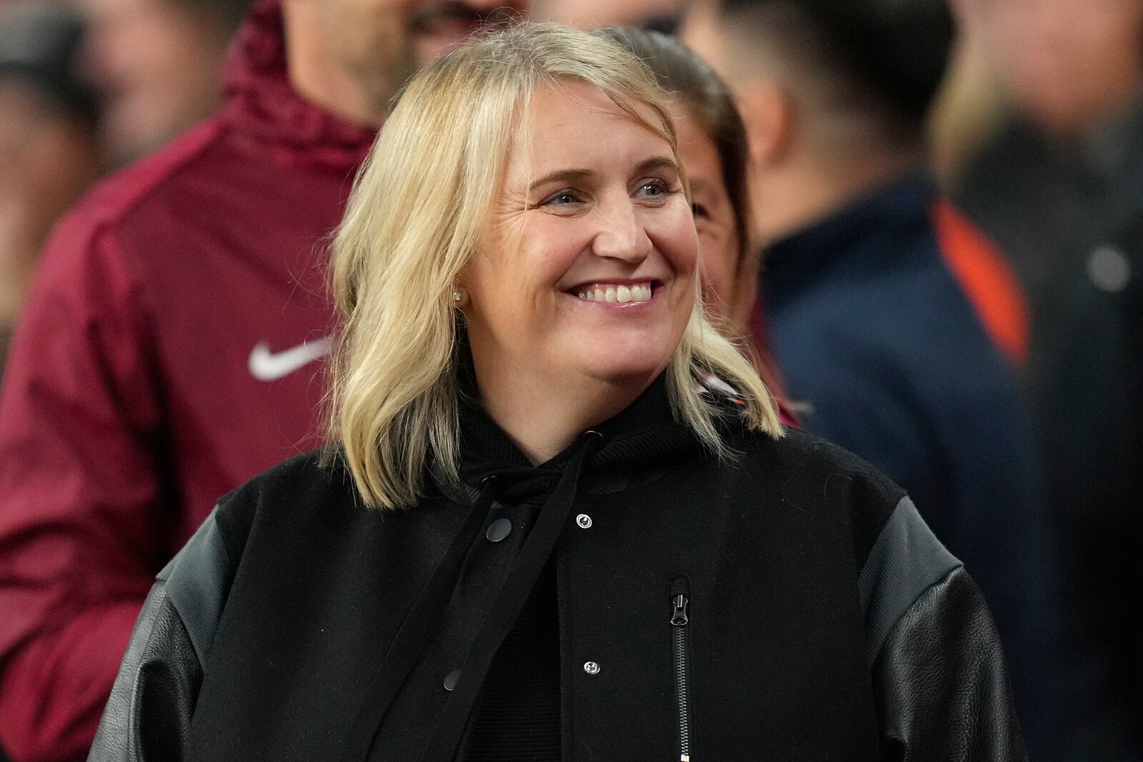 United States' manager Emma Hayes smiles during the International friendly women soccer match between England and United States at Wembley stadium in London, Saturday, Nov. 30, 2024. (AP Photo/Kirsty Wigglesworth)