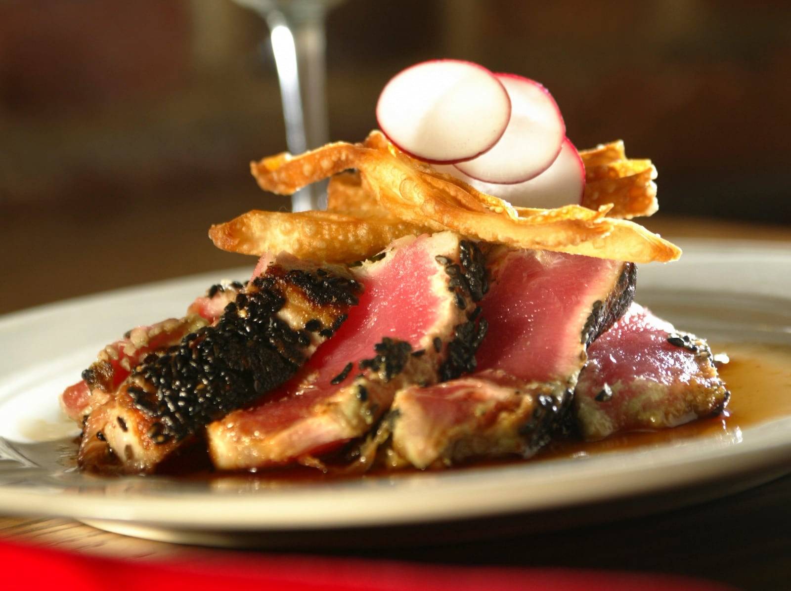 Seared Tuna appetizer, with white wine at jay's Seafood, 225 E. Sixth St. Photo by Jim Witmer