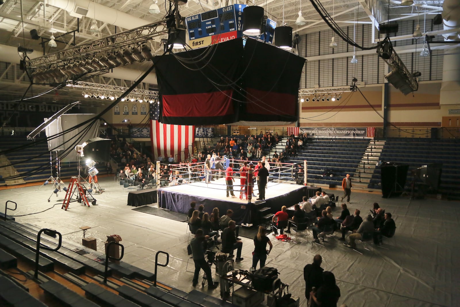 Actors Prem Singh and Michael Pugliese film a fight scene for the movie Tiger, being shot in the gymnasium at Hamilton High School, Wednesday, Nov. 25, 2015. GREG LYNCH / STAFF