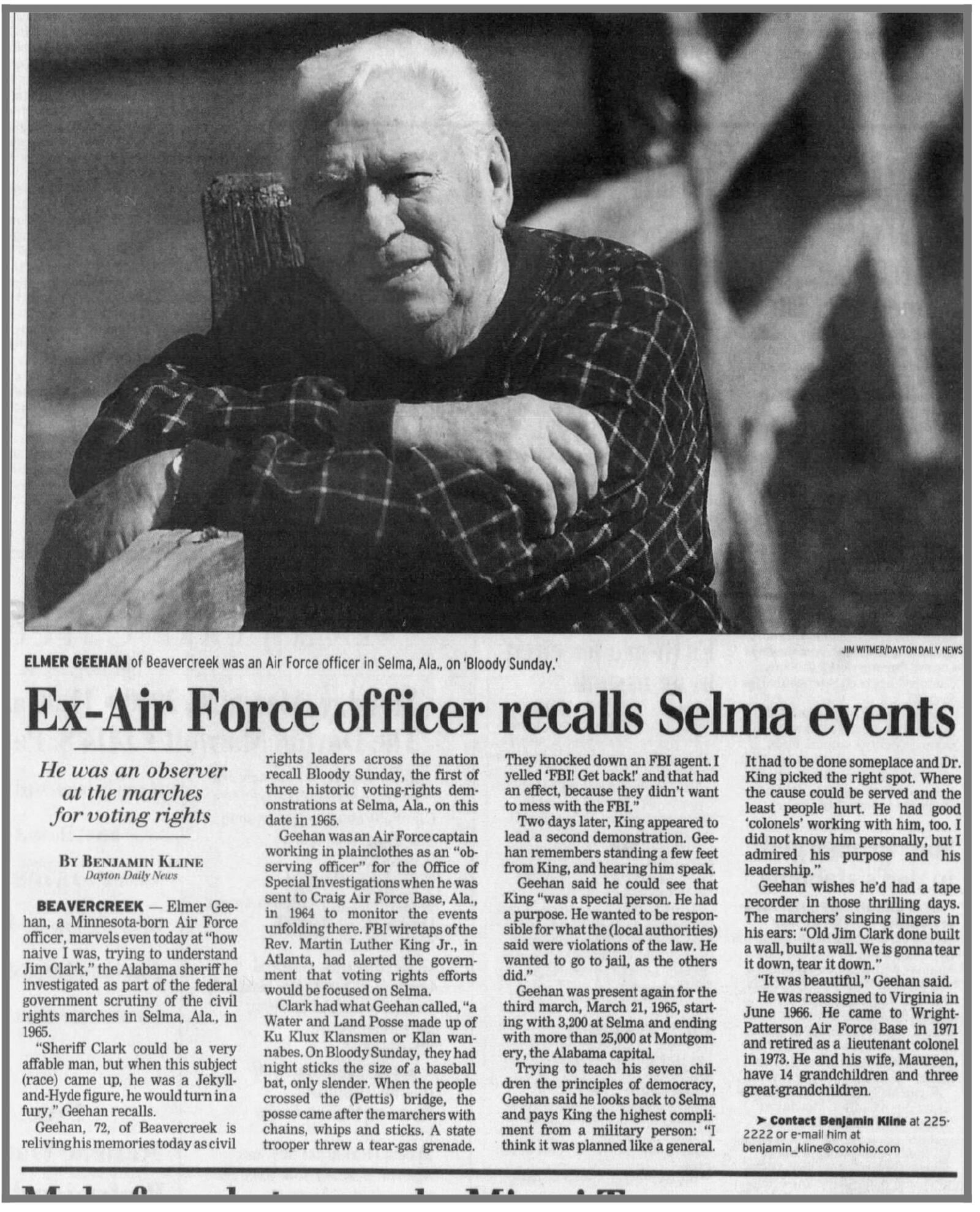 A  March 7, 2000 Dayton Daily News article about Capt. Elmer Geehan appeared on the cover of the local session. His son Dennis considers him a hero.