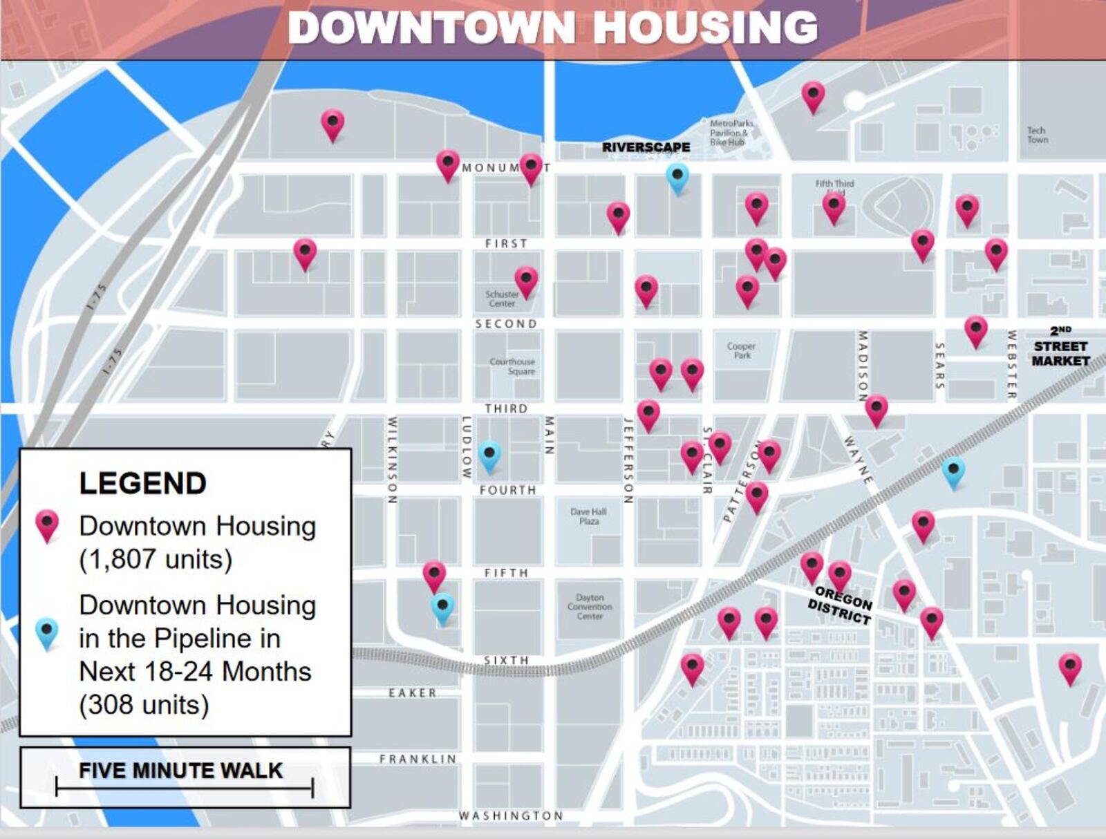 A map of market-rate housing in downtown Dayton. CONTRIBUTED