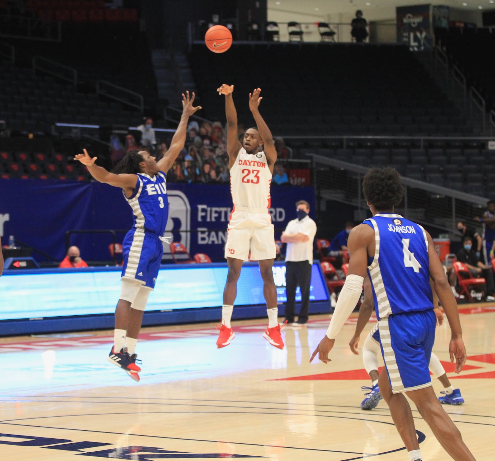 Dayton's R.J. Blakney shoots against Eastern Illinois on Tuesday, Dec. 1, 2020, at UD Arena. David Jablonski/Staff