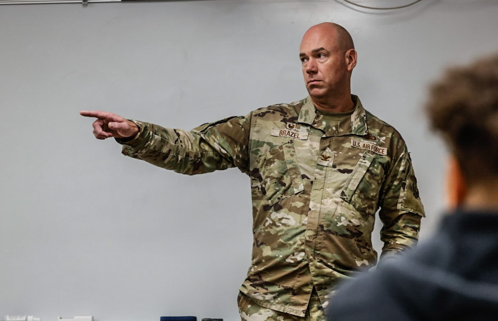 Col. Sean Brazel, Commander of the 88th Mission Support Group at Wright Patt talks to Stebbins High School CTC students Thursday September 7, 2023. Wright Patt and Stebbins are collaborating to prepare students successful careers. JIM NOELKER/STAFF