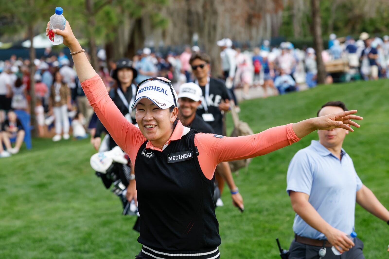 A Lim Kim reacts after winning the Hilton Grand Vacations Tournament of Champions LPGA golf tournament in Orlando, Fla., Sunday, Feb. 2, 2025. (AP Photo/Kevin Kolczynski)