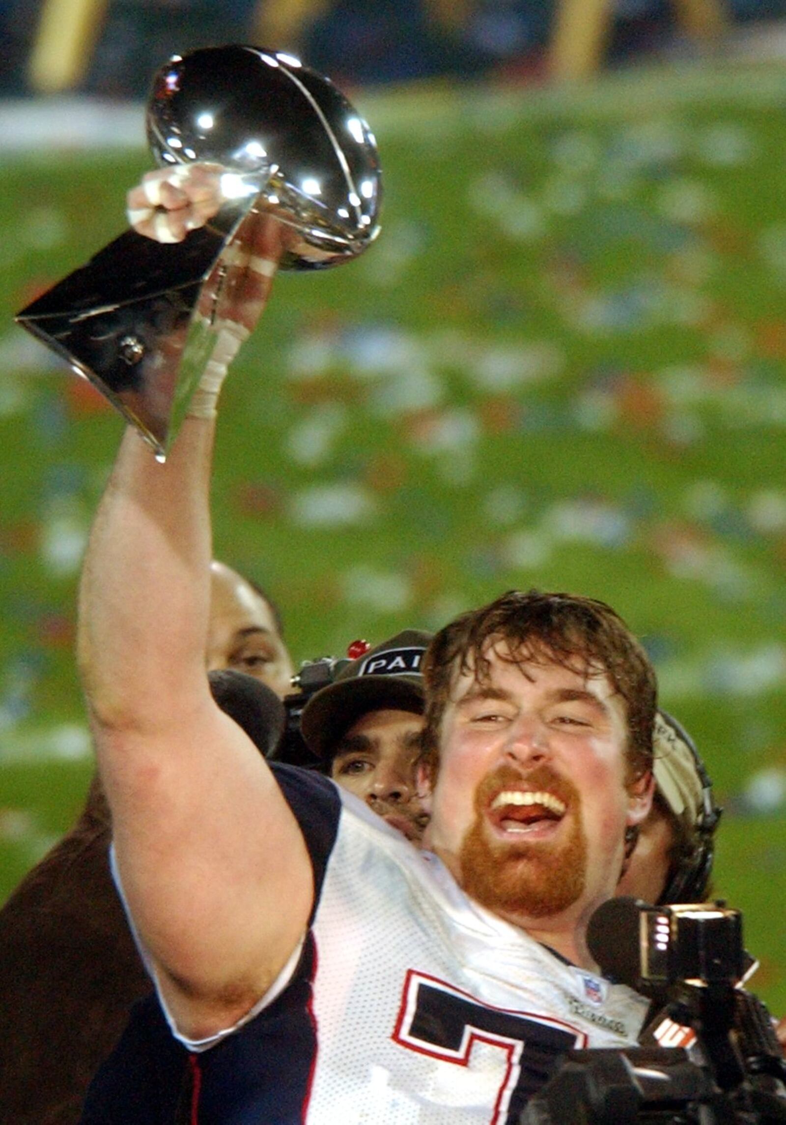 New England Patriots tackle Matt Light (72) celebrates the Patriots 24-21 win over the Philadelphia Eagles in Super Bowl XXXIX in Jacksonville, Fla., on Sunday, Feb. 6, 2005. (AP Photo/Carlos Osorio)