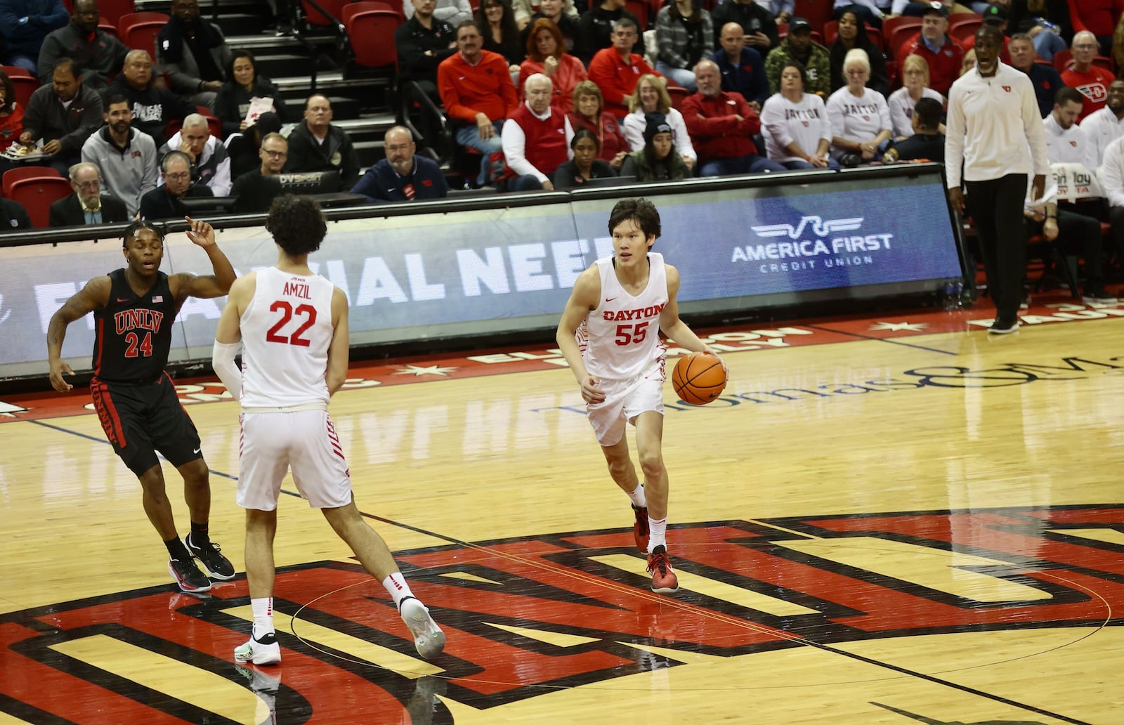 Dayton's Mike Sharavjamts dribbles against UNLV on Tuesday, Nov. 15, 2022, at the Thomas & Mack Center in Las Vegas, Nev. David Jablonski/Staff