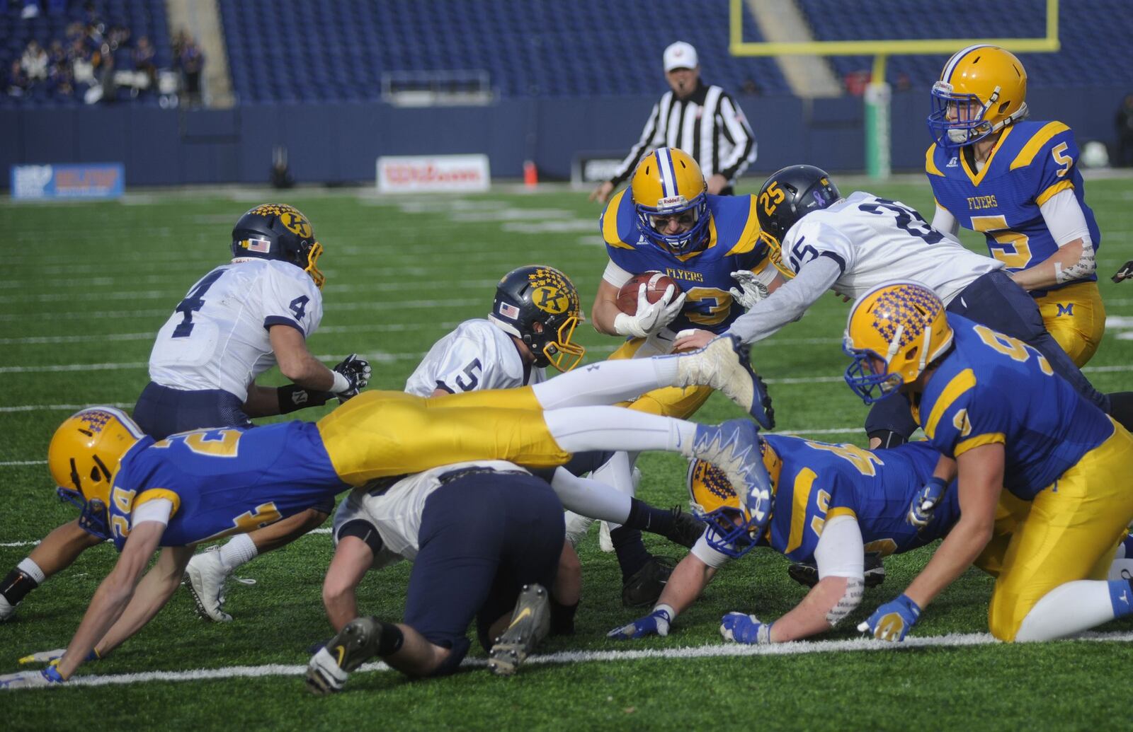 Flyers RB Nolan Habodasz scored on a 1-yard run. Marion Local defeated Kirtland 34-11 to win a D-VI high school football state title at Canton on Saturday, Dec. 2, 2017. MARC PENDLETON / STAFF