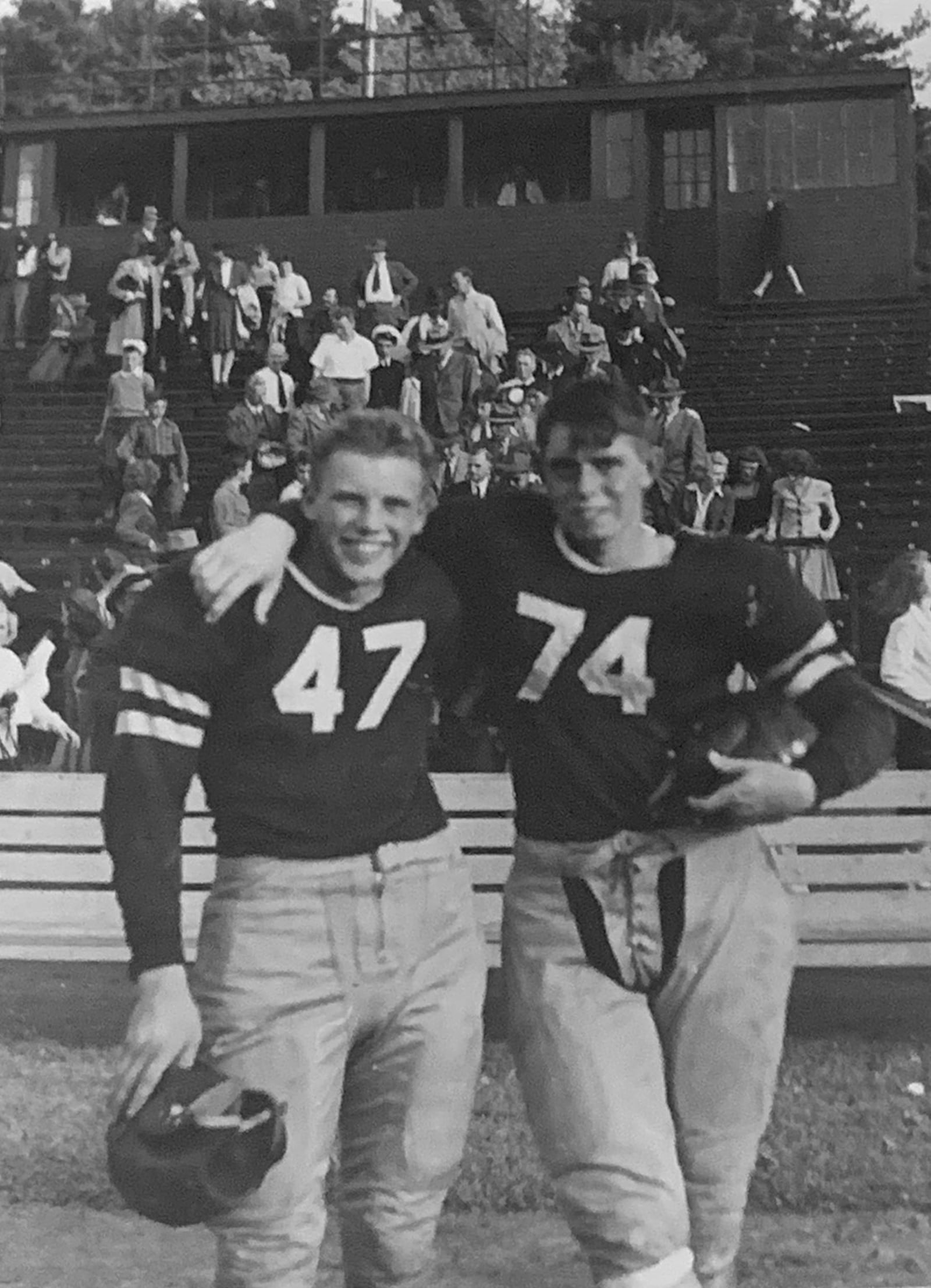 Skip Ordeman (No. 47) played football at Bates College. He s with No. 74 Rebel Roberts after a Bates game in 1947. CONTRIBUTED