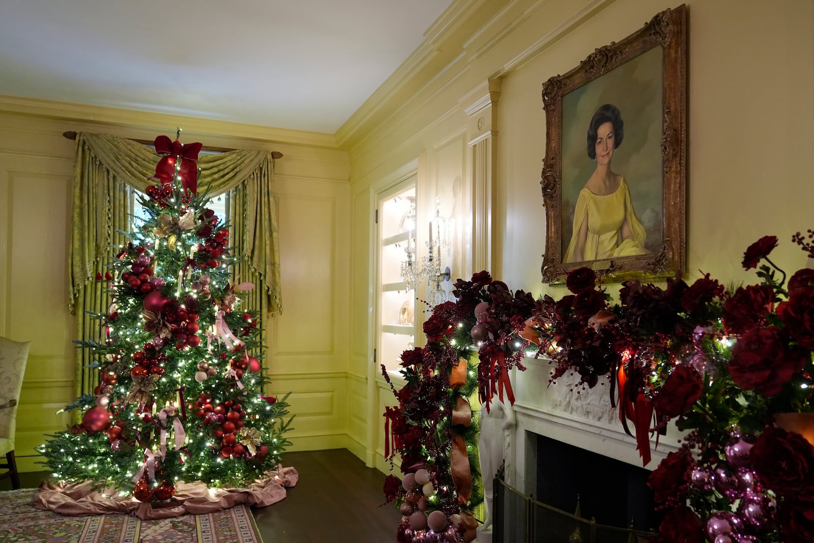 The Vermeil Room of the White House in Washington, is decorated for the holidays, Monday, Dec. 2, 2024. (AP Photo/Susan Walsh)