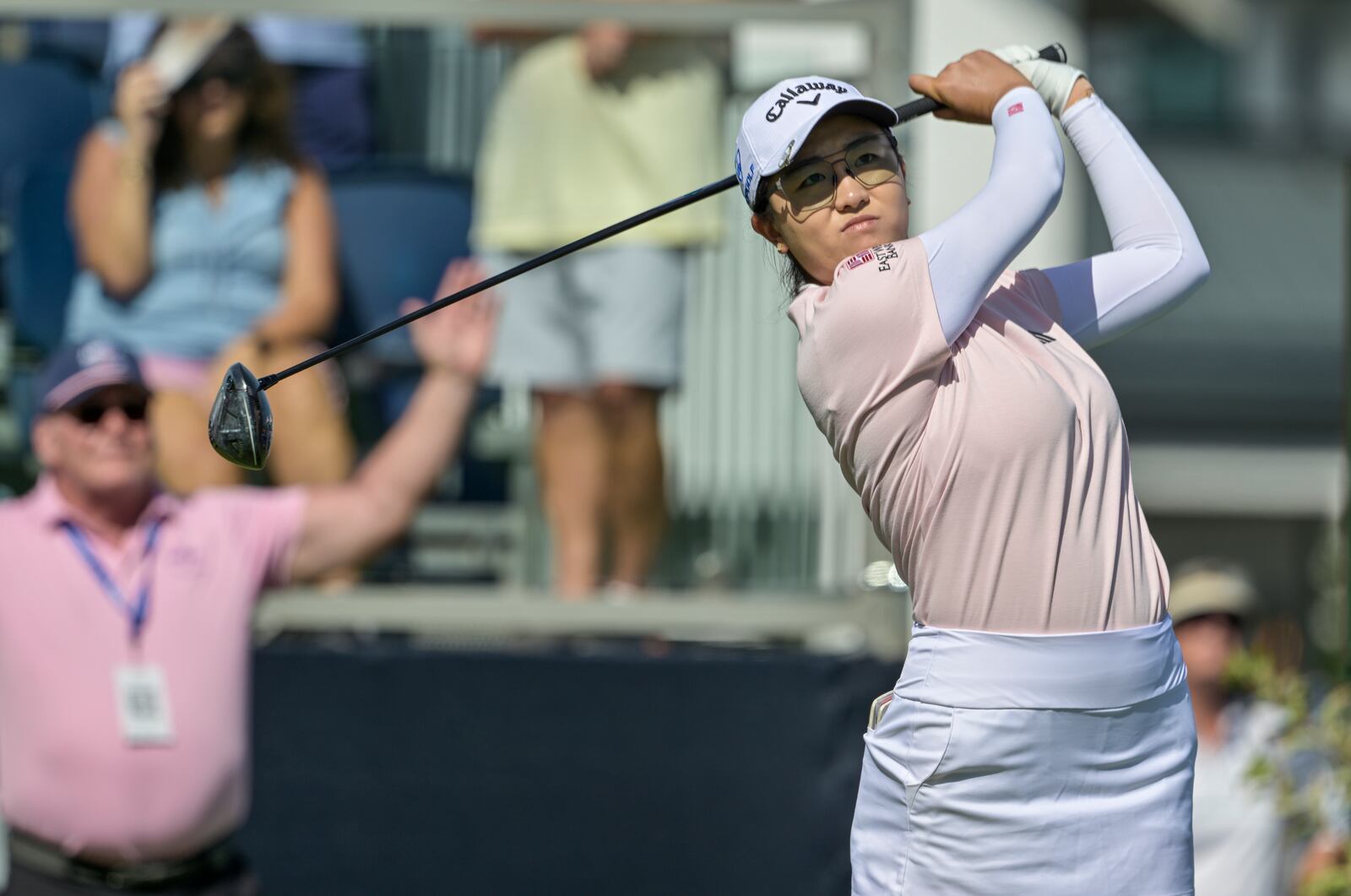 Rose Zhang hits her tee shot on the 10th hole during the first round of The Annika golf tournament at Pelican Golf Club, Thursday, Nov. 14, 2024, in Belleair, Fla. (AP Photo/Steve Nesius)