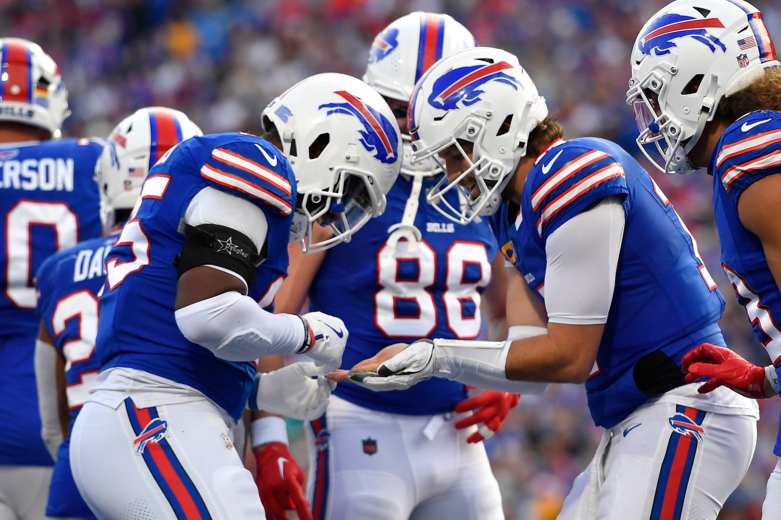 Buffalo Bills tight end Quintin Morris, left, celebrates with quarterback Josh Allen, right, after scoring a touchdown during the second half of an NFL football game against the Miami Dolphins Sunday, Nov. 3, 2024, in Orchard Park, N.Y. (AP Photo/Adrian Kraus)